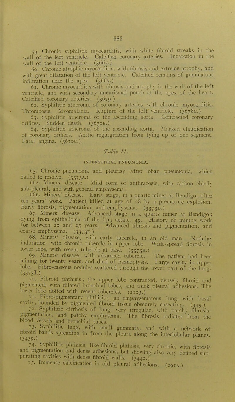 59- Chronic syphilitic myocarditis, with white fibroid streaks in the wall of the left ventricle. Calcified coronary arteries. Infarction in the wall of the left ventricle. (3665.) 60. Chronic atrophic myocarditis, with fibrosis and extreme atrophy, and with great dilatation of the left ventricle. Calcified remains of gummatous infiltration near the apex. (3667.) 61. Chronic myocarditis with fibrosis and atrophy in the wall of the left ventricle, and Avith secondar\- aneurismal pouch at the apex of the heart. Calcified coronary arteries. (3679-) 62. Svphilitic atheroma of coronary arteries with chronic myocarditis. Thrombosis. Myomalacia. Rupture of the left ventricle. (3678c.) 63. Syphilitic atheroma of the ascending aorta. Contracted coronary orifices. Sudden death. (367ob.) 64. Syphilitic atheroma of the ascending aorta. Marked claudication of coronary orifices. Aortic regurgitation from tying up of one segment. Fatal angina. (3670c.) TahU II. INTERSTITIAL PNEUMONIA. 65. Chronic pneumonia and pleuris}- after lobar pneumonia, which failed to resolve. (3373A.) 66a. Miners' disease. Mild form of anthracosis, with carbon chiefly sub-pleural, and with general emphysema. 66b. Miners' disease. Early stage, in a quartz miner at Bendigo, after ten years' work. Patient killed at age of 28 by a premature explosion. Early fibrosis, pigmentation, and emphysema. (33730.) 67. Miners' disease. Advanced stage in a quartz miner at Bendigo; dying from epithelioma of the lip; aetate 49. History of mining work for between 20 and 25 years. Advanced fibrosis and pigmentation, and -coarse emphysema. (3373E.) 68. Miners' disease, with early tubercle, in an old man. Nodular induration with chronic tubercle in upper lobe. Wide-spread fibrosis in lower lobe, with recent tubercle at base. (3373H.) 69. Miners' disease, with advanced tubercle. The patient had been mining for twenty years, and died of hasmoptysis. Large cavity in uppei lobe. Fibro-caseous nodules scattered through the lower part of the luno-. (3373I-) 70. Fibroid phthisis; the upper lobe contracted, densely fibroid and pigmented, with dilated bronchial tubes, and thick pleural adhesions. The lower lobe dotted with recent tubercles. (2103.) 71. Fibro-pigmentary phthisis; an emphysematous lung, with basal cavity, bounded_ by pigmented fibroid tissue obscurely caseating. (345.) _ 72. Syphilitic cirrhosis of lung, very irregular, with patchy fibrosis, pigmentation, and patchy emphysema. The fibrosis radiates 'from the blood vessels and bronchial tubes. '-j ^^P^'^'^*^^ ^g' 'ith small gummata. and with a network of fibroid bands spreading in from the pleura along the interlobular planes (3439-) ^ 74; Syphilitic phthisis, like fibroid phthisis, very chronic, with fibro.sis and pigmentation and den.se adhesions, but showing also ver\- defined sup- purating cavities with den.se fibroid walls. (3440.) 75. Immen.se calcification in old pleural adhesions. (291A.)
