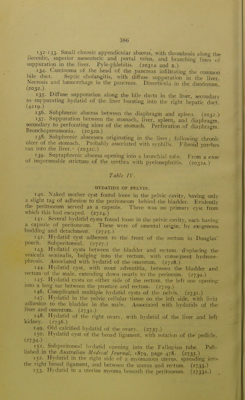 132-133- Small chronic appendicular abscess, with thrombosis along the ileocolic, superior mesenteric and portal veins, and branching lines of suppuration in the liver. Pyle-phlebitis. (2031A and B.) 134. Carcinoma of the head of the pancreas infiltrating the common bile duct. Septic cholangitis, with diffuse suppuration in the liver. Necrosis and haemorrhage in the pancreas. Diverticula in the duodenum' (2032.) 135. Diffuse suppuration along the bile ducts in the liver, secondary to suppuratmg hydatid of the liver bursting into the right hepatic duct (4219.) 136. Subphrenic abscess between the diaphragm and spleen. (2032.> 137. Suppuration between the stomach, liver, spleen, and diaphragm, secondary to perforating ulcer of the stomach. Perforation of diaphragm.' Bronchopneumonia. (2032B.) 138. Subphrenic abscesses originating in the liver; following chronic ulcer of the stomach. Probably associated with svnhilis. Fibroid patches ran into the liver. (2032c.) 139. Supraphrenic abscess opening into a bronchial tube. From a ra.se- of impermeable stricture of the urethra with pyelonephritis. (2032A.) Tahlc IV. HYDATIDS OF PELVIS. 140. Naked mother cyst found loose in the pelvic cavity, having only a slight tag of adhesion to the peritoneum behind the bladder. Evidently the peritoneum served as a capsule. There was no primarv cyst from which this had. escaped. (2724.) 141. Several hydatid cysts found loose in the pelvic cavity, each having- a capsule of peritoneum. These were of omental origin, by exogenous, budding and detachment. (2725.) 142. Hydatid cyst adherent to the front of the rectum in Douglas' pouch. Subperitoneal. (2727.) 143. Hydatid cysts between the bladder and rectum, displacing the- vesicula seminalis, bulging into the rectum, with consequent hydrone- phrosis. As.sociated with hydatid of the omentum. (2728.) 144. Hydatid cyst, with stout adventitia, between the bladder and rectum'of the male, extending down nearly to the perineum. (2730.) 145. Hydatid cysts on either side of the rectum, the left one opening- into a long sac betw^een the prostate and rectum. (2729.) 146. Complicated multiple hydatid cysts of the pelvis. (2731.) 147. Hydatid in the pelvic cellular ti.ssue on the left side, with lip-ht adhesion to the bladder in the male. A.ssociated with hydatids of the liver and omentum. (2732.) 148. Hydatid of the right ovarv, with hydatid of the liver and left kidney. (2736.) 149- Old calcified hyd.atid of the ovary. (2737.) 150. Hydatid cyst of the broad ligament, with rotation of the'pedicle. (2734-) 151. Subperitoneal Indatid opening into the Fallopian tube. Pub- lished in the Australian Medical JournaU 1879, page 478. (2735.) 152. Hydatid in the right side of a myomatous uterus, spreading into, the right broad ligament, and between the uterus and rectum. (2733.) 153- Hydatid in a uterine myoma beneath the peritoneum. (2733A.)
