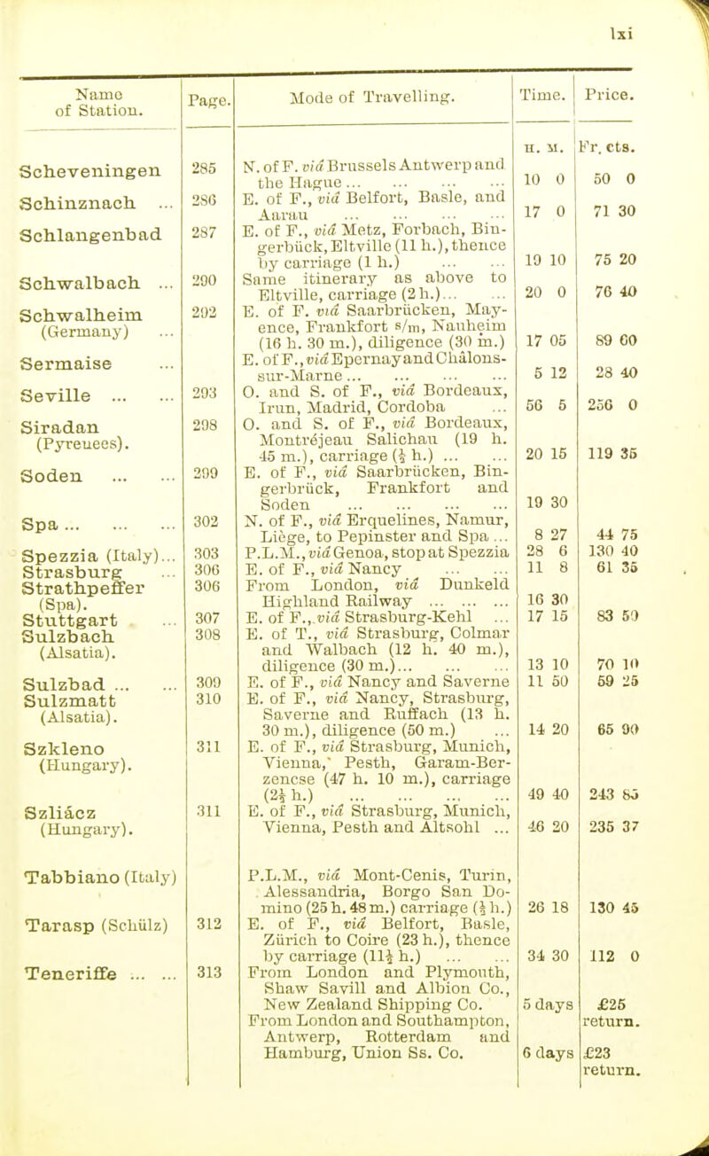 Namo of Station. Scheveningen Schiuznach. Schlangenbad Schwalbach .. Schwalheirn (Germany) Sermaise Seville Siradan (Pyrenees). Soden Spa Spezzia (Italy).. Strasburg Strathpeffer (Spa). Stuttgart Sulzbaeh. (Alsatia). Sulzbad Sulzmatt (Alsatia). Szkleno (Hungary). Szliacz (Hungary). Tabbiano (Italy) Tarasp (Scutilz) Teneriffe Page. 285 2S6 287 290 292 293 298 299 302 303 300 306 307 308 309 310 311 311 312 313 Mode of Travelling. N. of F. via Brussels Antwerp and the Hague E. of F., via Belfort, Basle, and Aarau E. of F., via Metz, Forbach, Bin- gerbiick.Eltville (11 h.),thence by carriage (111.) Same itinerary as above to Eltville, carriage (2 h.) E. of F. via Saarbriicken, May- ence, Frankfort s/m, Nanheim (16 h. 30 in.), diligence (30 m.) E. ol'F.,!)iaEpernayandChalons- sur-Marne O. and S. of F., via Bordeaux, Irun, Madrid, Cordoba O. and S. of F., via Bordeaux, Montrejeau Salichan (19 h. 45 m.), carriage (4 h.) E. of F., via Saarbriicken, Bin- gerbriick, Frankfort and Soden N. of F., via Erquelines, Namur, Liege, to Pepinster and Spa ... P.L.M., via Genoa, stop at Spezzia E. of F., via Nancy From London, via Dunkeld Highland Railway E. of F.,.oi<2 Strasburg-Kehl E. of T., via Strasburg, Colmar and Walbach (12 h. 40 m.), diligence (30 in.) E. of F., via Nancy and Saverne E. of F., via Nancy, Strasburg, Saverne and Ruffach (13 h. 30 m.), diligence (50 m.) E. of F., via Strasburg, Munich, Vienna, Pesth, Garani-Ber- zencse (47 h. 10 m.), carriage m n.) E. of F., via Strasburg, Munich, Vienna, Pesth and Altsohl ... P.L.M., via Mont-Cenis, Turin, Alessandria, Borgo San Do- mino (25 h. 48m.) carriage (J h.) E. of F., via Belfort, Basle, Zurich to Coire (23 h.), thence by carriage (11$ b.) From London and Plymouth, Shaw Savill and Albion Co., New Zealand Shipping Co. From London and Southampton, Antwerp, Rotterdam and Hamburg, Union Ss. Co. lime. n. ii. 10 0 17 0 19 10 20 0 17 05 5 12 56 5 20 15 19 30 8 27 28 6 11 8 16 30 17 15 13 10 11 50 14 20 49 40 46 20 26 18 34 30 5 days 6 days