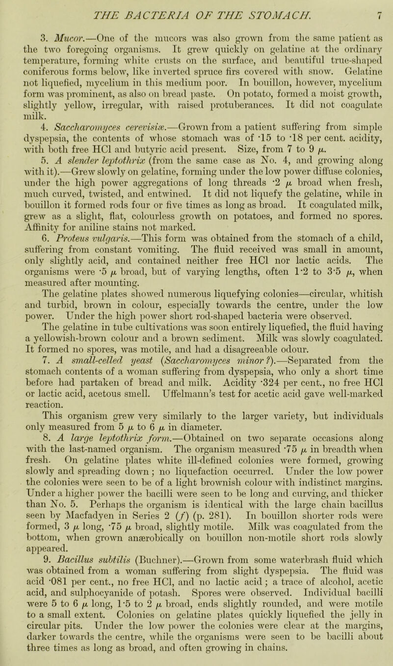 3. Muco?\—One of the mucors was also grown from the same patient as the two foregoing organisms. It grew quickly on gelatine at the ordinary temperatnre, forming white mists on the surface, and heantifiil true-shaped coniferous forms below, like inverted spruce firs covered with snow. Gelatine not liquefied, mycelium in this medium poor. In bouillon, however, mycelium form was prominent, as also on bread paste. On potato, formed a moist growth, slightly yellow, irregular, with raised protuberances. It did not coagulate milk. 4. Saccharomi/ces cerevisiae.—Grown from a patient suffering from simple dyspepsia, the contents of whose stomach was of *15 to *18 jicr cent, acidity, with both free HCl and butyric acid present. Size, from 7 to 9 /x. 5. A slender lejptothrix (from the same case as IN’o. 4, and growing along with it).—Grew slowly on gelatine, forming under the low power diffuse colonies, under the high power aggregations of long threads *2 fx broad Avhen fresh, much curved, twisted, and entwined. It did not liquefy the gelatine, while in bouillon it formed rods four or five times as long as broad. It coagulated milk, grew as a slight, flat, colourless growth on potatoes, and formed no spores. Afflnity for aniline stains not marked. 6. Proteus vulgaris.—This form was obtained from the stomach of a child, suffering from constant vomiting. The fluid received was small in amount, only slightly acid, and contained neither free HCl nor lactic acids. The organisms were *5 g. broad, but of varying lengths, often 1*2 to 3*5 fx, when measured after mounting. The gelatine plates showed numerous liquefying colonies—circular, whitish and turbid, brown in colour, especially towards the centre, under the low power. Under the high power short rod-shaped bacteria were observed. The gelatine in tube cultivations was soon entirely liquefied, the fluid having a yellowish-brown colour and a brown sediment. Milk was slowly coagulated. It formed no spores, was motile, and had a disagreeable odour. 7. A small-celled yeast {Saccliaromyees minor ?).—Separated from the stomach contents of a woman suffering from dyspepsia, who only a short time before had partaken of bread and milk. Acidity *324 per cent., no free HCl or lactic acid, acetous smell. Uffelmann’s test for acetic acid gave well-marked reaction. This organism grew very similarly to the larger variety, but individuals only measured from 5 to 6 yu, in diameter. 8. A large leptotlirix form.—Obtained on two separate occasions along with the last-named organism. The organism measured *75 /x in breadth when fresh. On gelatine plates white ill-defined colonies were formed, growing slowly and spreading down; no liquefaction occurred. Under the low power the colonies were seen to be of a light brownish colour with indistinct margins. Under a higher poorer the bacilli were seen to be long and curving, and thicker than Ho. 5. Perhaps the organism is identical with the large chain bacillus seen by Macfadyen in Series 2 (/') (p. 281). In bouillon shorter rods were formed, 3 fx long, *75 /x broad, slightly motile. Milk was coagulated from the bottom, when grown anaerobically on bouillon non-motile short rods slowly appeared. 9. Bacillus suhtilis (Buchner).—Grown from some waterbrash fluid which was obtained from a woman suffering from slight dyspepsia. The fluid was acid *081 per cent., no free HCl, and no lactic acid; a trace of alcohol, acetic acid, and sulphocyanide of potash. Spores were observed. Individual bacilli were 5 to 6 /x long, 1 *5 to 2 /x broad, ends slightly rounded, and were motile to a small extent. Colonies on gelatine plates quickly liquefied the jelly in circular pits. Under the low power the colonies were clear at the margins, darker towards the centre, while the organisms were seen to be bacilli about three times as long as broad, and often growing in chains.