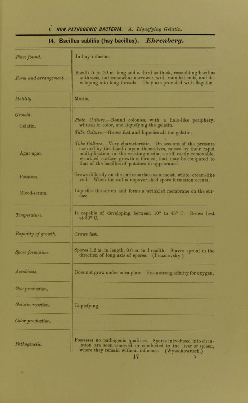 14. Bacillus sublilis (hay bacillus). J^hrenberg, Place found. In hay-infusion. Form and arrangement. Bacilli 5 to 20 m. long and a third as thick, resembling bacillus anthracis, but soraewliat narrower, with rounded ends, and de- veloping into long threads. They are provided with flagellae. Motility. Motile. Growth. Gelatin. Plate Culture.—Round colonies, with a halo-like periphery, whitish in color, and liquefying the gelatin. Tube Culture.—Grows fast and liquefies all the gelatin. Agar-agar. Tube Culture.—Very characteristic. On account of the pressure exerted by the bacilli upon themselves, caused by their rapid multiplication in the resisting media, a stiff, easily-removable, wrinkled surface growth is formed, that may be compared to that of the bacillus of potatoes in appearance. Potatoes. Grows diffusely on the entire surface as a moist, white, cream-like veil. When the soil is impoverished spore formation occurs. Blood-serum. Liquefies the serum and forms a wrinkled membrane on the sur- face. Temperature. Is capable of developing between 10° to 45° C. Grows best at 30° C. Ra'pidity of growth. Grows fast Spore formation. Spores 12m in Ipriftll 0 fi m in Krpnfltli SfnvAQ enrnnf in flio direction of long axis of spores. (Prazmovsky.) AeroMosis. Does not grow under mica plate. Has a strong affinity for oxygen. Gas production. Gelatin reaction. Liquefying. Color production. Pathogenesis. Possesses no pathogenic qualities. Spores introduced into circu- lation are soon removed, or conducted to the liver or spleen, where they remain without influence. (Wyssokowitsch.)
