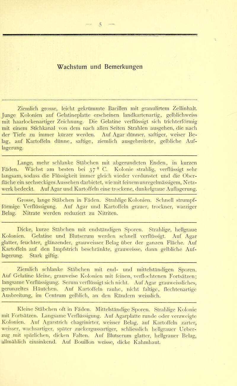 Wachstum und Bemerkungen Ziemlich grosse, leicht gekrümmte Bacillen mit granulirtem Zellinhalt. Junge Kolonien auf Gelatineplatte erscheinen lanclkartenartig, gelblichweiss mit haarlockenartiger Zeichnung. Die Gelatine verflüssigt sich trichterförmig mit einem Stichkanal von dem nach allen Seiten Strahlen ausgehen, die nach der Tiefe zu immer kürzer werden. Auf Agar dünner, saftiger, weiser Be- lag, auf Kartoffeln dünne, saftige, ziemlich ausgebreitete, gelbliche Auf- lagerung. Lange, mehr schlanke Stäbchen mit abgerundeten Enden, in kurzen Fäden. Wächst am besten bei 37*^ C. Kolonie strahlig, verflüssigt sehr langsam, sodass die Flüssigkeit immer gleich wieder verdunstet und die Ober- fläche ein sechseckiges Aussehen darbietet, wie mit feinem unregelmässigem, Netz- werk bedeckt. Auf Agar und Kartoffeln eine trockene, dunkelgraue Auflagerung. Grosse, lange Stäbchen in Fäden. Strahlige Kolonien. Schnell strumpf- förmige Verflüssigung. Auf Agar und Kartoffeln grauer, trockner, warziger Belag. Nitrate werden reduziert zu Nitriten. Dicke, kurze Stäbchen mit endständigen Sporen. Strahlige, hellgraue Kolonien. Gelatine und Blutserum werden schnell verflüssigt. Auf Agar glatter, feuchter, glänzender, grauweisser Belag über der ganzen Fläche. Auf Kartoffeln auf den Impfstrich beschränkte, grauweisse, dann gelbliche Auf- lagerung. Stark giftig. Ziemlich schlanke Stäbchen mit end- und mittelständigen Sporen. Auf Gelatine kleine, grauweise K(douien mit feinen, verflochtenen Fortsätzen; langsame Verflüssigung. Serum verflüssigt sich nicht. Auf Agar grauweissliches, gerunzeltes Häutchen. Auf Kartoffeln rauhe, nicht faltige, flechtenartige Ausbreitung, im Centrum gelblich, an den Rändern weisslich. Kleine Stäbchen oft in Fäden. Mittelständige Sporen. Strahlige Kolonie mit Fortsätzen. Langsame Verflüssigung. Auf Agarplatte runde oder verzweigte Kolonien. Auf Agarstrich chagrinirter, weisser Belag, auf Kartoffeln zartep weisser, wachsartiger, später zuckergussartiger, schliesslich hellgrauer Ueber- zug mit spärlichen, dicken Falten. Auf Blutserum glatter, hellgrauer Belag, allmählich einsinkend. Auf Bouillon weisse, dicke Kahmhaut.