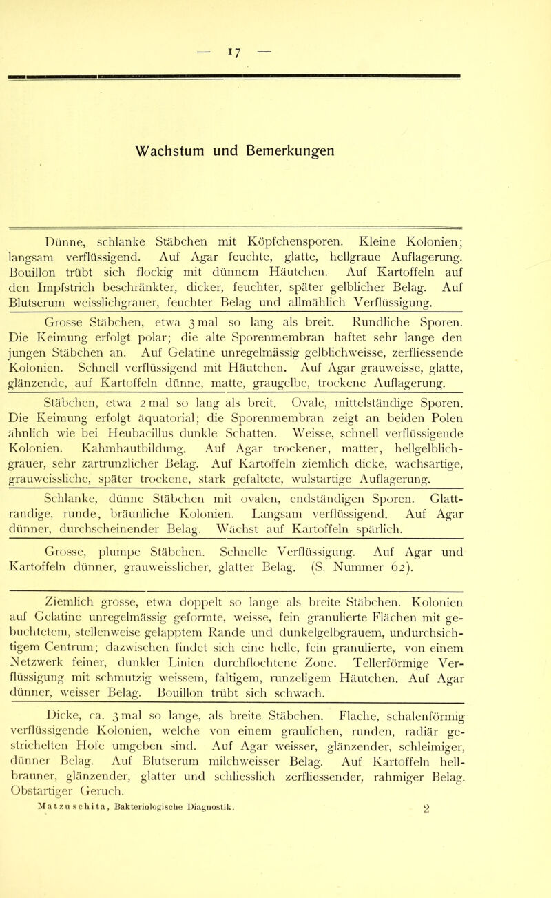 Wachstum und Bemerkungen Dünne, schlanke Stäbchen mit Köpfchensporen. Kleine Kolonien; langsam verflüssigend. Auf Agar feuchte, glatte, hellgraue Auflagerung. Bouillon trübt sich flockig mit dünnem Häutchen. Auf Kartoffeln auf den Impfstrich beschränkter, dicker, feuchter, später gelblicher Belag. Auf Blutserum weisslichgrauer, feuchter Belag und allmählich Verflüssigung. Grosse Stäbchen, etwa 3 mal so lang als breit. Rundliche Sporen. Die Keimung erfolgt polar; die alte Sporenmembran haftet sehr lange den jungen Stäbchen an. Auf Gelatine unregelmässig gelblichweisse, zerfliessende Kolonien. Schnell verflüssigend mit Häutchen. Auf Agar grauweisse, glatte, glänzende, auf Kartoffeln dünne, matte, graugelbe, trockene Auflagerung. Stäbchen, etwa 2 mal so lang als breit. Ovale, mittelständige Sporen. Die Keimung erfolgt äquatorial; die Sporenmembran zeigt an beiden Polen ähnlich wie bei Heubacillus dunkle Schatten. Weisse, schnell verflüssigende Kolonien. Kahmhautbildung. Auf Agar trockener, matter, hellgelblich- grauer, sehr zartrunzlicher Belag. Auf Kartoffeln ziemlich dicke, wachsartige, grauweissliche, später trockene, stark gefaltete, wulstartige Auflagerung. Schlanke, dünne Stäbchen mit ovalen, endständigen Sporen. Glatt- randige, runde, bräunliche Kolonien. Langsam verflüssigend. Auf Agar dünner, durchscheinender Belag, Wächst auf Kartoffeln spärlich. Grosse, plumpe Stäbchen. Schnelle Verflüssigung. Auf Agar und Kartoffeln dünner, grauweisslicher, glatter Belag. (S. Nummer 62). Ziemlich grosse, etwa doppelt so lange als breite Stäbchen. Kolonien auf Gelatine unregelmässig geformte, weisse, fein granulierte Flächen mit ge- buchtetem, stellenweise gelapptem Rande und dunkelgelbgrauem, undurchsich- tigem Centrum; dazwischen findet sich eine helle, fein granulierte, von einem Netzwerk feiner, dunkler Linien durchflochtene Zone. Tellerförmige Ver- flüssigung mit schmutzig weisscm, faltigem, runzeligem Häutchen. Auf Agar dünner, weisser Belag. Bouillon trübt sich schwach. Dicke, ca. 3 mal so lange, als breite Stäbchen. Flache, schalenförmig verflüssigende Kolonien, welche von einem graulichen, runden, radiär ge- strichelten Hofe umgeben sind. Auf Agar weisser, glänzender, schleimiger, dünner Belag. Auf Blutserum milchweisser Belag. Auf Kartoffeln hell- brauner, glänzender, glatter und schliesslich zerfliessender, rahmiger Belag. Obstartiger Geruch. Matzuschita, Bakteriologiscbe Diagnostik. 2
