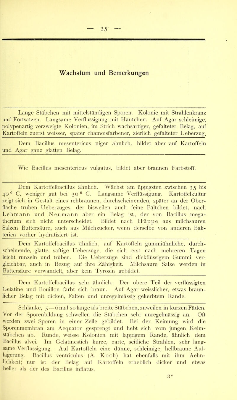 Wachstum und Bemerkungen Lange Stäbchen mit mittelständigen Sporen. Kolonie mit Strahlenkranz und Fortsätzen. Langsame Verflüssigung mit Häutchen. Auf Agar schleimige, polypenartig verzweigte Kolonien, im Strich wachsartiger, gefalteter Belag, auf Kartoffeln zuerst weisser, später chamoisfarbener, zierlich gefalteter Ueberzug. Dem Bacillus mesentericus niger ähnlich, bildet aber auf Kartoffeln und Agar ganz glatten Belag. Wie Bacillus mesentericus vulgatus, bildet aber braunen Farbstoff. Dem Kartoffelba'^illus ähnlich. Wächst am üppigsten zwischen 35 bis 40^ C, weniger gut bei 30® C. Langsame Verflüssigung. Kartoffelkultur zeigt sich in Gestalt eines rehbraunen, durchscheinenden, später an der Ober- fläche trüben Ueberzuges, der bisweilen auch feine Fältchen bildet, nach Lehmann und Neumann aber ein Belag ist, der von Bacillus mega- therium sich nicht unterscheidet. Bildet nach Hüppe aus milchsauren Salzen Buttersäure, auch aus Milchzucker, wenn derselbe von anderen Bak- terien vorher hydratisiert ist. Dem Kartoffelbacillus ähnlich, auf Kartoffeln gummiähnliche, durch- scheinende, glatte, saftige Ueberzüge, die sich erst nach mehreren Tagen leicht runzeln und trüben. Die Ueberzüge sind dickflüssigem Gummi ver- gleichbar, auch in Bezug auf ihre Zähigkeit. Milchsäure Salze werden in Buttersäure verwandelt, aber kein Tyrosin gebildet. Dem Kartoffelbacillus sehr ähnlich. Der obere Teil der verflüssigten Gelatine und Bouillon färbt sich braun. Auf Agar weisslicher, etwas bräun- licher Belag mit dicken, Falten und unregelmässig gekerbtem Rande. Schlanke, 5 — 6 mal so lange als breite Stäbchen, zuweilen in kurzen Fäden. Vor der Sporenbildung schwellen die Stäbchen sehr unregelmässig an. Oft werden zwei Sporen in einer Zelle gebildet. Bei der Keimung wird die Sporenmembran am Aequator gesprengt und hebt sich vom jungen Keim- stäbchen ab. Runde, weisse Kolonien mit lappigem Rande, ähnlich dem Bacillus alvei. Tm Gelatinestich kurze, zarte, seitliche Strahlen, sehr lang- same Verflüssigung. Auf Kartoffeln eine dünne, schleimige, hellbraune Auf- lagerung. Bacillus ventriculus (A. Koch) hat ebenfalls mit ihm Aehn- lichkeit; nur ist der Belag auf Kartoffeln erheblich dicker und etwas heller als der des Bacillus inflatus. 3*