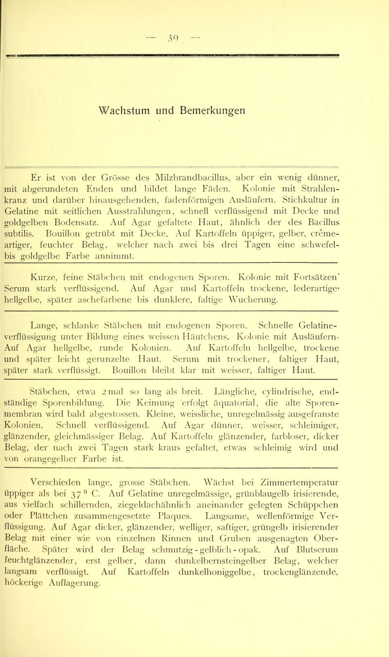 Er ist von der Grösse des Milzbrandbacillus, aber ein wenig dünner, mit abgerundeten Enden und bildet lange Eäden. Kolonie mit Strahlen- kranz und darüber liinausgehenden, fadenförmigen Ausläufern. Sticlikultur in Gelatine mit seitlichen Ausstrahlungen, schnell \’erflüssigend mit Decke und goldgelben Bodensatz. Auf Agar gefaltete Haut, ähnlich der des Bacillus subtilis. Bouillon getrübt mit Decke. Auf Kartoffeln üppiger, gelber, creme- artiger, feuchter Belag, welcher nach zwei bis drei Tagen eine schwefel- bis goldgelbe Earbe an nimmt. Kurze, feine Stäbchen mit endogenen Sporen. Kolonie mit Eortsätzen’ Serum stark verflüssigend. Auf Agar und Kartoffeln trockene, lederartige’ hellgelbe, später aschefarbene bis dunklere, faltige Wucherung. Lange, schlanke Stäbchen mit endogenen Sporen. Schnelle Gelatine- verflüssigung unter Bildung eines weissen Hämtcliens. Kolonie mit Ausläufern- Auf Agar hellgelbe, runde Kolonien. Auf Kartoffeln hellgelbe, trockene und später leicht gerunzelte Haut. Serum mit trockener, faltiger Haut, später stark verflüssigt. Bouillon bleibt klar mit weisser, faltiger Haut. Stäbchen, etwa 2 mal so lang als breit. Längliche, cylindrische, end- ständige Sporenbildung. Die Keimung 'erfolgt äquatorial, die alte Sporen- membran wird bald abgestossen. Kleine, weissliche, unregelmässig ausgefranste Kolonien. Schnell verflüssigend. Auf Agar dünner, weisser, schleimiger, glänzender, gleichmässiger Belag. Auf Kartoffeln glänzender, farbloser, dicker Belag, der nach zwei Tagen stark kraus gefaltet, etwas schleimig wird und von orangegelber Earbe ist. Verschieden lange, grosse Stäbchen. Wächst bei Zimmertemperatur üppiger als bei 37^ C. Auf Gelatine unregelmässige, grünblaugelb irisierende, aus vielfach schillernden, ziegeldachähnlich aneinander gelegten Schüppchen oder Plättcheir zusammengesetzte Plaques. Langsame, wellenförmige Ver- flüssigung. Auf Agar dicker, glänzender, welliger, saftiger, grüngelb irisierender Belag mit einer wie von einzelnen Rinnen und Gruben ausgenagten Ober- fläche. Später wird der Belag schmutzig - gelblicli - opak. Auf Blutserum feuchtglänzender, erst gelber, dann dunkelbernsteingelber Belag, welcher langsam verflüssigt. Auf Kartoffeln dunkelhoniggelbe, trockenglänzende, höckerige Auflagerung.