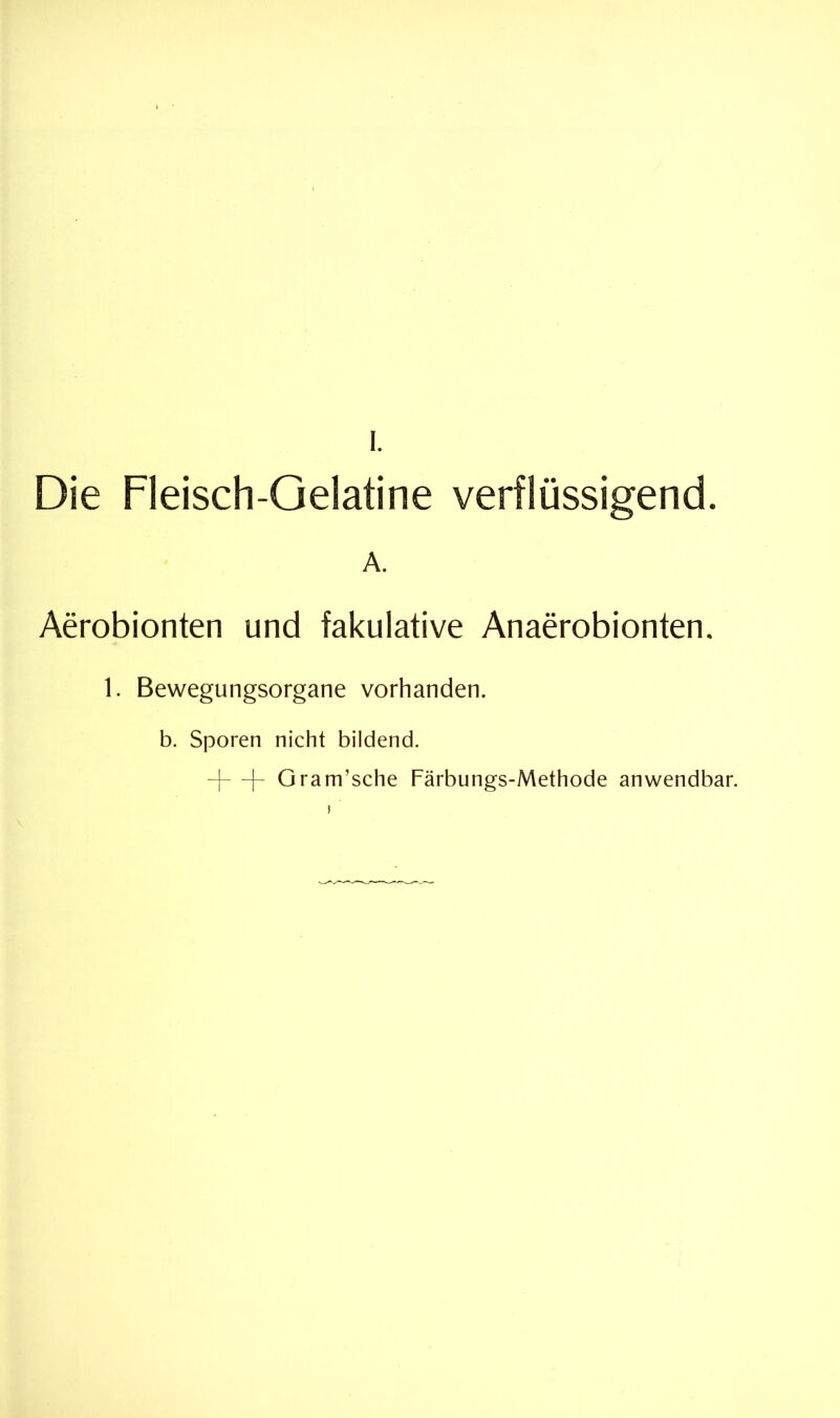 Die Fleisch-Gelatine verflüssigend. A. Aerobionten und fakulative Anaerobionten. 1. Bewegungsorgane vorhanden, b. Sporen nicht bildend. -|—[- Gram’sche Färbungs-Methode anwendbar. )