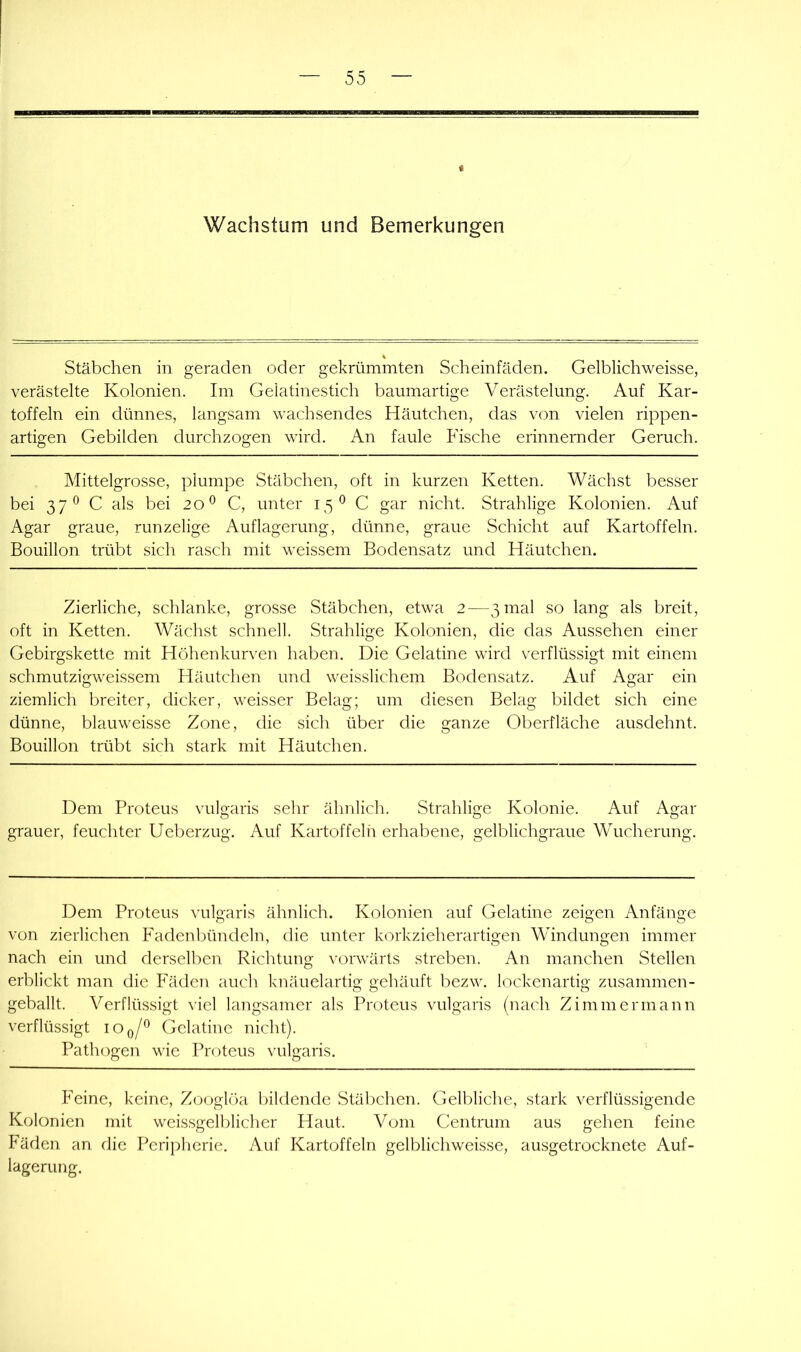 Wachstum und Bemerkungen Stäbchen in geraden oder gekrümmten Scheinfäden. Gelblichweisse, verästelte Kolonien. Im Gelatinestich baumartige Verästelung. Auf Kar- toffeln ein dünnes, langsam wachsendes Häutchen, das von vielen rippen- artigen Gebilden durchzogen wird. An faule Fische erinnernder Geruch. Mittelgrosse, plumpe Stäbchen, oft in kurzen Ketten. Wächst besser bei 37® C als bei 20® C, unter 15® C gar nicht. Strahlige Kolonien. Auf Agar graue, runzelige Auflagerung, dünne, graue Schicht auf Kartoffeln. Bouillon trübt sich rasch mit weissem Bodensatz und Häutchen. Zierliche, schlanke, grosse Stäbchen, etwa 2—3 mal so lang als breit, oft in Ketten. Wächst schnell. Strahlige Kolonien, die das Aussehen einer Gebirgskette mit Höhenkurven haben. Die Gelatine wird verflüssigt mit einem schmutzigweissem Häutchen und weisslichem Bodensatz. Auf Agar ein ziemlich breiter, dicker, weisser Belag; um diesen Belag bildet sich eine dünne, blauweisse Zone, die sich über die ganze Oberfläche ausdehnt. Bouillon trübt sich stark mit Häutchen. Dem Proteus vulgaris sehr ähnlich. Strahlige Kolonie. Auf Agar grauer, feuchter Ueberzug. Auf Kartoffeln erhabene, gelblichgraue Wucherung. Dem Proteus vulgaris ähnlich. Kolonien auf Gelatine zeigen Anfänge von zierlichen Fadenbündeln, die unter korkzieherartigen Windungen immer nach ein und derselben Richtung vorwärts streben. An manchen Stellen erblickt man die Fäden auch knäuelartig gehäuft bezw. lockenartig zusammen- geballt. Verflüssigt viel langsamer als Proteus vulgaris (nach Zimmermann verflüssigt iOq/® Gelatine nicht). Pathogen wie Proteus vulgaris. Feine, keine, Zooglöa bildende Stäbchen. Gelbliche, stark verflüssigende Kolonien mit weissgelblicher Haut. Vom Centrum aus gehen feine Fäden an die Periplicrie. i\uf Kartoffeln gelblichweisse, ausgetrocknete Auf- lagerung.