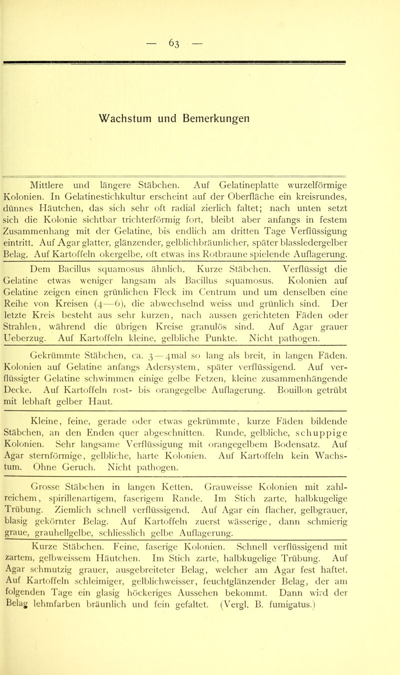 Wachstum und Bemerkungen Mittlere und längere Stäbchen. Auf Gelatineplatte wurzelförmige Kolonien. In Gelatinestichkultur erscheint auf der Oberfläche ein kreisrundes, dünnes Häutchen, das sich sehr oft radial zierlich faltet; nach unten setzt sich die Kolonie sichtbar trichterförmig fort, bleibt aber anfangs in festem Zusammenhang mit der Gelatine, bis endlich am dritten Tage Verflüssigung eintritt. Auf Agar glatter, glänzender, gelblichbräunlicher, später blassledergelber Belag. Auf Kartoffeln okergelbe, oft etwas ins Rotbraune spielende Auflagerung. Dem Bacillus squamosus ähnlich. Kurze Stäbchen. Verflüssigt die Gelatine etwas weniger langsam als Bacillus squamosus. Kolonien auf Gelatine zeigen einen grünlichen Fleck im Centrum und um denselben eine Reihe von Kreisen (q-—6), die abwechselnd weiss und grünlich sind. Der letzte Kreis besteht aus sehr kurzen, nach aussen gerichteten Fäden oder Strahlen, während die übrigen Kreise granulös sind. Auf Agar grauer Ueberzug. Auf Kartoffeln kleine, gelbliche Punkte. Nicht pathogen. Gekrümmte Stäbchen, ca. 3 — qmal so lang als breit, in langen Fäden. Kolonien auf Gelatine anfangs Aders}’stem, später verflüssigend. Auf ver- flüssigter Gelatine schwimmen einige gelbe Fetzen, kleine zusammenhängende Decke. Auf Kartoffeln rost- bis orangegelbe Auflagerung. Bouillon getrübt mit lebhaft gelber Haut. Kleine, feine, gerade oder etwas gekrümmte, kurze Fäden bildende Stäbchen, an den Enden quer abgeschnitten. Runde, gelbliche, schuppige Kolonien. Sehr langsame Verflüssigung mit orangegelbem Bodensatz. Auf Agar sternförmige, gelbliche, harte Kolonien. Auf Kartoffeln kein Wachs- tum. Ohne Geruch. Nicht pathogen. Grosse Stäbchen in langen Ketten. Grauweisse Kolonien mit zahl- reichem, .s])irillenartigem, faserigem Rande. Im Stich zarte, halbkugelige Trübung. Ziemlich schnell verflüssigend. Auf Agar ein flacher, gelbgrauer, blasig gekeimter Belag. Auf Kartoffeln zuerst wässerige, dann schmierig graue, grauhellgelbe, schliesslich gelbe Auflagerung. Kurze Stäbchen. Feine, faserige Kolonien. Schnell verflüssigend mit zartem, gelbweissem Häutchen. Im Stich zarte, halbkugelige Trübung. Auf Agar schmutzig grauer, ausgebreiteter Belag, welcher am Agar fest haftet. Auf Kartoffeln schleimiger, gelblichweisser, feuchtglänzender Belag, der am folgenden Tage ein glasig höckeriges Aussehen bekommt. Dann wird der Belag lehrnfarben bräunlich und fein gefaltet. (Vergl. B. fumigatus.)