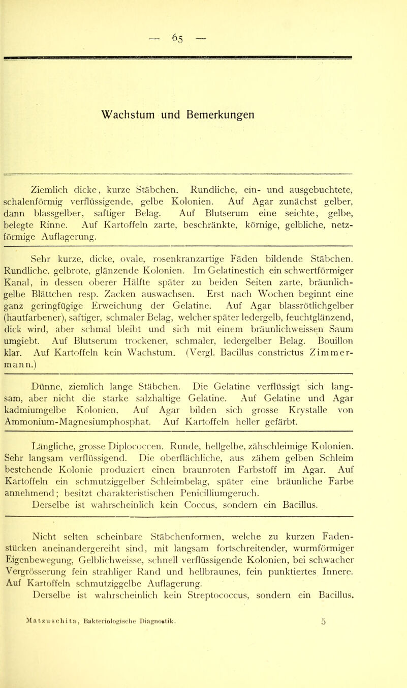 Wachstum und Bemerkungen Ziemlich dicke, kurze Stäbchen. Rundliche, ein- und ausgebuchtete, schalenförmig verflüssigende, gelbe Kolonien. Auf Agar zunächst gelber, dann blassgelber, saftiger Belag. Auf Blutserum eine seichte, gelbe, belegte Rinne. Auf Kartoffeln zarte, beschränkte, körnige, gelbliche, netz- förmige Auflagerung. Sehr kurze, dicke, ovale, rosenkranzartige Fäden bildende Stäbchen. Rundliche, gelbrote, glänzende Kolonien. Im Gelatinestich ein schwertförmiger Kanal, in dessen oberer Hälfte später zu beiden Seiten zarte, bräunlich- gelbe Blättchen resp. Zacken auswachsen. Erst nach Wochen beginnt eine ganz geringfügige Erweichung der Gelatine. Auf Agar blassrötlichgelber (hautfarbener), saftiger, schmaler Belag, welcher später ledergelb, feuchtglänzend, dick wird, aber schmal bleibt und sich mit einem bräunlichweissen wSaum umgiebt. Auf Blutserum trockener, schmaler, ledergelber Belag. Bouillon klar. Auf Kartoffeln kein Wachstum. (Vergl. Bacillus constrictus Zimmer- mann.) Dünne, ziemlich lange Stäbchen. Die Gelatine verflüssigt sich lang- sam, aber nicht die starke salzhaltige Gelatine. Auf Gelatine und Agar kadmiumgelbe Kolonien. Auf Agar bilden sich grosse Krystalle von Ammonium-Magnesiumphosphat. Auf Kartoffeln heller gefärbt. Längliche, grosse Diplococcen. Runde, hellgelbe, zähschleimige Kolonien. Sehr langsam verflüssigend. Die oberflächliche, aus zähem gelben Schleim bestehende K(donie produziert einen braunroten Farbstoff im Agar. Auf Kartoffeln ein schmutziggelber Schleimbelag, später eine bräunliche Farbe annehmend; besitzt charakteristischen Penicilliumgeruch. Derselbe ist wahrscheinlich kein Coccus, sondern ein Bacillus. Nicht selten scheinbare Stäbchenformen, welche zu kurzen Faden- stücken aneinandergereiht sind, mit langsam fortschreitender, wurmförmiger Eigenbewegung, Gelblichweisse, schnell verflüssigende Kolonien, bei schwacher Vergr()sserung fein strahliger Rand und hellbraunes, fein punktiertes Innere. Auf Kartoffeln schmutziggelbe Auflagerung. Derselbe ist wahrscheinlich kein Streptococcus, sondern ein Bacillus. Matzuschita, Hakloriologische Diagnostik.