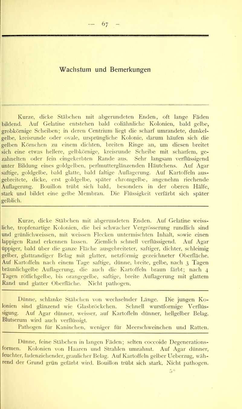 Wachstum und Bemerkungen Kurze, dicke Stäbchen mit abgerundeten Enden, oft lange Pfaden bildend. Auf Gelatine entstehen bald coliähnliche Kolonien, bald gelbe, grobkörnige Scheiben; in deren Centrium liegt die scharf umrandete, dunkel- gelbe, kreisrunde oder ovale, ursprüngliche Kolonie, darum häufen sich die gelben Körnchen zu einem dichten, breiten Ringe an, um diesen breitet sich eine etwas hellere, gell)körnige, kreisrunde Scheibe mit scharfem, ge- zahnelten oder fein eingekerbten Rande aus. Sehr langsam verflüssigend unter Bildung eines goldgelben, perlmutterglänzenden Häutchens. Auf Agar saftige, goldgelbe, bald glatte, bald faltige Auflagerung. Auf Kartoffeln aus- gebreitete, dicke, erst goldgelbe, sjräter chromgelbe, angenehm riechende Auflagerung. Bouillon trübt sich bald, besonders in der oberen Hälfe, stark und bildet eine gelbe Membran. Die P'lüssigkeit \'erfärbt sich später I gelblich. Kurze, dicke Stäbchen mit abgerundeten Enden. Auf Gelatine weiss- liche, tropfenartige Kolonien, die bei schwacher Vergrösserung rundlich sind und grünlichweissen, mit weissen Flecken untermischten Inhalt, sowie einen lappigen Rand erkennen lassen. Ziemlich schnell verflüssigend. Auf Agar üppiger, bald über die ganze Fläche ausgebreiteter, saftiger, dichter, schleimig gelber, glattrandiger Belag mit glatter, iietzförmig gezeichneter Oberfläche. Auf Kartoffeln nach einem Tage saftige, dünne, breite, gelbe, nach 3 Tagen bräunlichgelbe Auflagerung, die auch die Kartoffeln braun färbt; nach 4 Tagen rötlichgelbe, l)is orangcgelbe, saftige, breite Auflagerung mit glattem Rand und glatter Oberfläche. Nicht pathogen. ■ ; Dünne, schlanke Stäbchen von wechselnder Länge. Die jungen Ko- lonien sind glänzend wie Glasbrö)ckchen. Schnell wurstformige Verflüs- sigung. Auf Agar dünner, weisser, auf Kartofleln dünner, hellgelber Belag. I Blutserum wird auch verflüssigt. Pathogen für Kaninchen, weniger für Meerschweinchen und Ratten. Dünne, feine Stribchen in langen P'äden; selten coccoide Degenerations- formen. Kolonien von Haaren und Strahlen umrahmt. Auf Agar dünner, feuchter, fadenziehender, graulicher Belag. Auf Kartoffeln gelber Ueberzug, wäh- rend der Grund grün gefärbt wird. Bouillon trübt sich stark. Nicht pathogen.