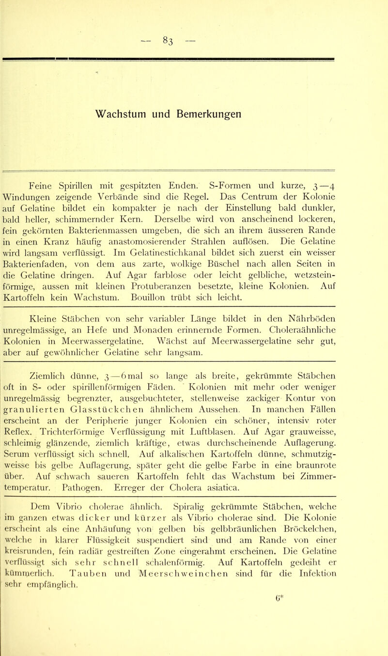 Wachstum und Bemerkungen Feine Spirillen mit gespitzten Enden. S-Formen und kurze, 3—4 Windungen zeigende Verbände sind die Regel. Das Centrum der Kolonie auf Gelatine bildet ein kompakter je nach der Einstellung bald dunkler, bald heller, schimmernder Kern. Derselbe wird von anscheinend lockeren, fein gekörnten Bakterienmassen umgeben, die sich an ihrem äusseren Rande in einen Kranz häufig anastomosierender Strahlen auflösen. Die Gelatine wird langsam verflüssigt. Im Gelatinestichkanal bildet sich zuerst ein weisser Bakterienfaden, von dem aus zarte, wolkige Büschel nach allen Seiten in die Gelatine dringen. Auf Agar farblose oder leicht gelbliche, wetzstein- förmige, aussen mit kleinen Protuberanzen besetzte, kleine Kolonien. Auf Kartoffeln kein Wachstum. Bouillon trübt sich leicht. Kleine Stäbchen von sehr variabler Länge bildet in den Nährböden unregelmässige, an Hefe und Monaden erinnernde Formen. Choleraähnliche Kolonien in Meerwassergelatine. Wächst auf Meerwassergelatine sehr gut, aber auf gewöhnlicher Gelatine sehr langsam. Ziemlich dünne, 3 — 6mal so lange als breite, gekrümmte Stäbchen oft in S- oder spirillenförmigen Fäden. ' Kolonien mit mehr oder weniger unregelmässig begrenzter, ausgebuchteter, stellenweise zackiger Kontur von granulierten Glasstückchen ähnlichem Aussehen. In manchen Fällen erscheint an der Peripherie junger Kolonien ein schöner, intensiv roter Reflex. Trichterförmige Verflüssigung mit Luftblasen. Auf Agar grauweisse, schleimig glänzende, ziemlich kräftige, etwas durchscheinende Auflagerung. Serum verflüssigt sich schnell. Auf alkalischen Kartoffeln dünne, schmutzig- weisse bis gelbe Auflagerung, später geht die gelbe Farbe in eine braunrote über. Auf schwach saueren Kartoffeln fehlt das Wachstum bei Zimmer- temperatur. Pathogen. Erreger der Cholera asiatica. Dem Vibrio cholerae ähnlich. Spiralig gekrümmte Stäbchen, welche im ganzen etwas dicker und kürzer als Vibrio cholerae sind. Die Kolonie erscheint als eine Anhäufung von gelben bis gelbbräunlichen Bröckelchen, welche in klarer Flüssigkeit suspendiert sind und am Rande von einer kreisrunden, fein radiär gestreiften Zone eingerahmt erscheinen. Die Gelatine verflüs.sigt sich sehr schnell schalenförmig. Auf Kartoffeln gedeiht er kümmerlich. Tauben und Meerschweinchen sind für die Infektion sehr empfänglich. 0^