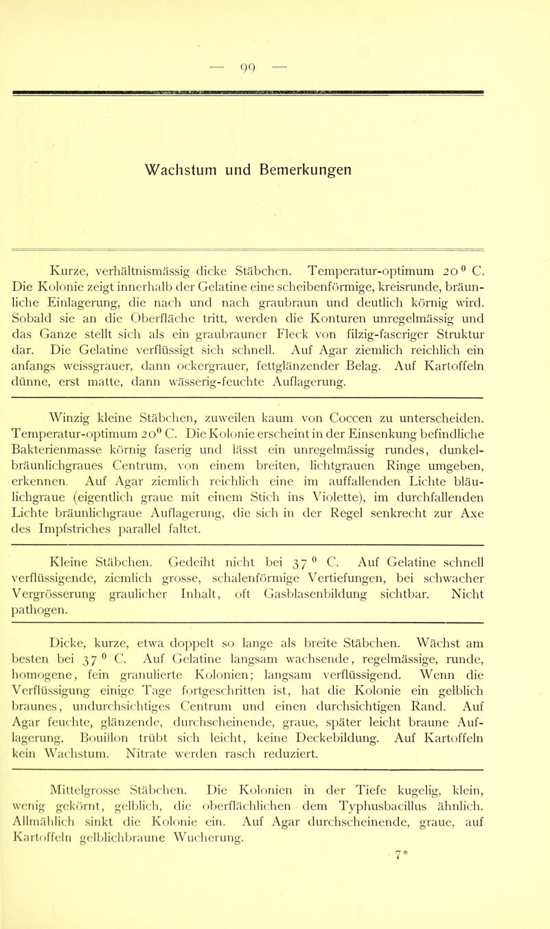 Kurze, verhältnismässig dicke Stäbchen. Temperatur-optimum 20® C. Die Kolonie zeigt innerhalb der Gelatine eine scheibenförmige, kreisrunde, bräun- liche Einlagerung, die nach und nach graubraun und deutlich körnig wird. Sobald sie an die Oberfläche tritt, werden die Konturen unregelmässig und das Ganze stellt sich als ein graubrauner Fleck von filzig-faseriger Struktur dar. Die Gelatine verflüssigt sich schnell. Auf Agar ziemlich reichlich ein anfangs weissgrauer, dann ockergrauer, fettglänzender Belag. Auf Kartoffeln dünne, erst matte, dann wässerig-feuchte Auflagerung. Winzig kleine Stäbchen, zuweilen kaum von Coccen zu unterscheiden. Temperatur-Optimum 20® C. Die Kolonie erscheint in der Einsenkung befindliche Bakterienmasse körnig faserig und lässt ein unregelmässig rundes, dunkel- bräunlichgraues Centrum, von einem breiten, lichtgrauen Ringe umgeben, erkennen. Auf Agar ziemlich reichlich eine im auffallenden Lichte bläu- lichgraue (eigentlich graue mit einem Stich ins Violette), im durchfallenden Lichte bräunlichgraue Auflagerung, die sich in der Regel senkrecht zur Axe des Impfstriches parallel faltet. Kleine Stäbchen. Gedeiht nicht bei 37 ® C. Auf Gelatine schnell verflüssigende, ziemlich grosse, schalenförmige Vertiefungen, bei schwacher Vergrösserung graulicher Inhalt, oft Gasblasenbildung sichtbar. Nicht pathogen. Dicke, kurze, etwa doppelt so lange als breite Stäbchen. Wächst am besten bei 37 ^ C. Auf Gelatine langsam wachsende, regelmässige, runde, homogene, fein granulierte Kolonien; langsam verflüssigend. Wenn die Verflüssigung einige Tage fortgeschritten ist, hat die Kolonie ein gelblich braunes, undurchsichtiges Centrum und einen durchsichtigen Rand. Auf Agar feuchte, glänzende, durchscheinende, graue, später leicht braune Auf- lagerung, Bouillon trübt sich leicht, keine Deckebildung. Auf Kartoffeln kein Wachstum. Nitrate werden rasch reduziert. Mittelgrosse Stäbchen. Die Kolonien in der Tiefe kugelig, klein, wenig gekörnt, gelblich, die oberflächlichen dem Typhusbacillus ähnlich. Allmählich sinkt die Kolonie ein. Auf Agar durchscheinende, graue, auf Kartoffeln gelblichbraune Wucherung. 7*