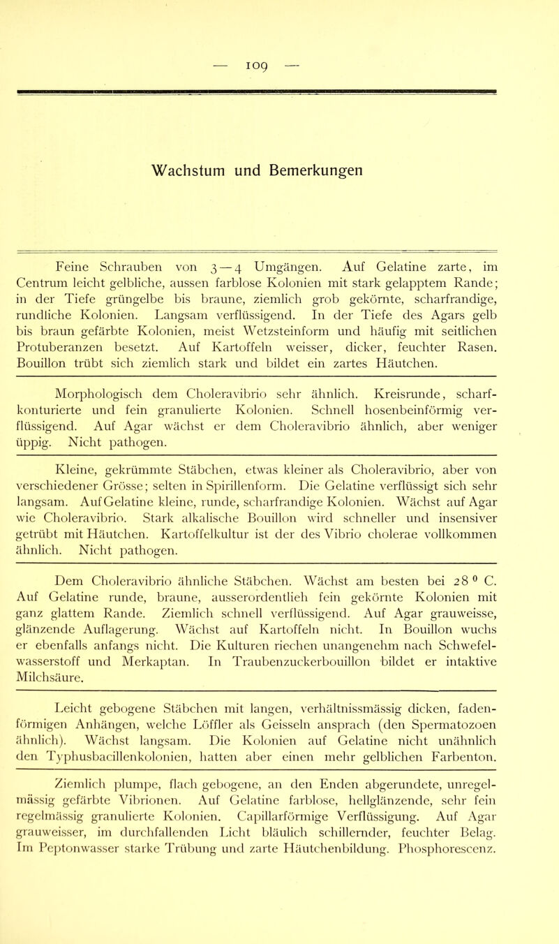 Feine Schrauben von 3 — 4 Umgängen. Auf Gelatine zarte, im Centrum leicht gelbliche, aussen farblose Kolonien mit stark gelapptem Rande; in der Tiefe grüngelbe bis braune, ziemlich grob gekörnte, scharfrandige, rundliche Kolonien. Langsam verflüssigend. In der Tiefe des Agars gelb bis braun gefärbte Kolonien, meist Wetzsteinform und häufig mit seitlichen Protuberanzen besetzt. Auf Kartoffeln weisser, dicker, feuchter Rasen. Bouillon trübt sich ziemlich stark und bildet ein zartes Häutchen. Morphologisch dem Choleravibrio sehr ähnlich. Kreisrunde, scharf- konturierte und fein granulierte Kolonien. Schnell hosenbeinförmig ver- flüssigend. Auf Agar wächst er dem Choleravibrio ähnlich, aber weniger üppig. Nicht pathogen. Kleine, gekrümmte Stäbchen, etwas kleiner als Choleravibrio, aber von verschiedener Grösse; selten in Spirillenform. Die Gelatine verflüssigt sich sehr langsam. Auf Gelatine kleine, runde, scharfrandige Kolonien. Wächst auf Agar wie Choleravibrio. Stark alkalische Bouillon wird schneller und insensiver getrübt mit Häutchen. Kartoffelkultur ist der des Vibrio cholerae vollkommen ähnlich. Nicht pathogen. Dem Choleravibrio ähnliche Stäbchen. Wächst am besten bei 28 ^ C. Auf Gelatine runde, braune, ausserordentlieh fein gekörnte Kolonien mit ganz glattem Rande. Ziemlich schnell verflüssigend. Auf Agar grauweisse, glänzende Auflagerung. Wächst auf Kartoffeln nicht. In Bouillon wuchs er ebenfalls anfangs nicht. Die Kulturen riechen unangenehm nach Schwefel- wasserstoff und Merkaptan. In Traubenzuckerbouillon bildet er intaktive Milchsäure. Leicht gebogene Stäbchen mit langen, verhältnissmässig dicken, faden- förmigen Anhängen, welche Löffler als Geissein ansprach (den Spermatozoen ähnlich). Wächst langsam. Die Kolonien auf Gelatine nicht unähnlich den Typhusbacillenkolonien, hatten aber einen mehr gelblichen Farbenton. Ziemlich plumpe, flach gebogene, an den Enden abgerundete, unregel- mässig gefärbte Vibrionen. Auf Gelatine farblose, hellglänzende, sehr feiir regelmässig granulierte Kolonien. Capillarförmige Verflüssigung. Auf Agar grauweisser, im durchfallenden Licht bläulich schillernder, feuchter Belag. Im Peptonwasser starke Trübung und zarte Häutchenbildung. Phosphorescenz.