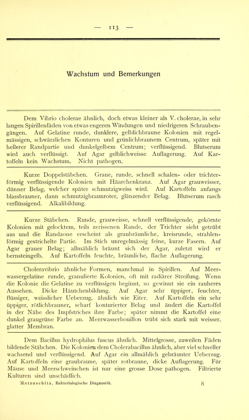 Dem Vibrio cholerae ähnlich, doch etwas kleiner als V. cholerae, in sehr langen Spirillenfäden von etwas engeren Windungen und niedrigeren Schrauben- gängen. Auf Gelatine runde, dunklere, gelblichbraune Kolonien mit regel- mässigen, schwärzlichen Konturen und grünlichbraunem Centrum, später mit hellerer Randpartie und dunkelgelbem Centrum; verflüssigend. Blutserum wird auch verflüssigt. Auf Agar gelblichweisse Auflagerung. Auf Kar- toffeln kein Wachstum. Nicht pathogen. Kurze Doppelstäbchen. Graue, runde, schnell schalen- oder trichter- förmig verflüssigende Kolonien mit Häarchenkranz. Auf Agar grauweisser, dünner Belag, welcher später schmutzigweiss wird. Auf Kartoffeln anfangs blassbrauner, dann schmutzigbraunroter, glänzender Belag. Blutserum rasch verflüssigend. Alkalibildung. Kurze Stäbchen. Runde, grauweisse, schnell verflüssigende, gekörnte Kolonien mit gelocktem, teils zerissenen Rande, der Trichter sieht getrübt aus und die Randzone erscheint als graubräunliche, kreisrunde, strahlen- förmig gestrichelte Partie. Im Stich unregelmässig feine, kurze Fasern. Auf Agar grauer Belag; allmählich bräunt sich der Agar, zuletzt wird er bernsteingelb. Auf Kartoffeln feuchte, bräunliche, flache Auflagerung. Choleravibrio ähnliche Formen, manchmal in Spirillen. Auf Meer- wassergelatine runde, granulierte Kolonien, oft mit radiärer Streifung. Wenn die Kolonie die Gelatine zu verflüssigen beginnt, so gewinnt sie ein rauheres Aussehen. Dicke Häutchenbildung. Auf Agar sehr üppiger, feuchter, flüssiger, weisslicher Ueberzug, ähnlich wie Eiter. Auf Kartoffeln ein sehr üppiger, rötlichbrauner, scharf konturierter Belag und ändert die Kartoffel in der Nähe des Impfstriches ihre Farbe; später nimmt die Kartoffel eine dunkel graugrüne Farbe an. Meerwasserbouillon trübt sich stark mit weisser, glatter Membran. Dem Bacillus hydrophilus fuscus ähnlich. Mittelgrosse, zuweilen Fäden bildende Stäbchen. Die Kolonien dem Cholerabacillus ähnlich, aber viel schneller wachsend und verflüssigend. Auf Agar ein allmählich gebräunter Ueberzug. Auf Kartoffeln eine graubraune, später rotbraune, dicke Auflagerung. Für Mäuse und Meerschweinchen ist nur eine grosse Dose pathogen. Filtrierte Kulturen sind unschädlich.