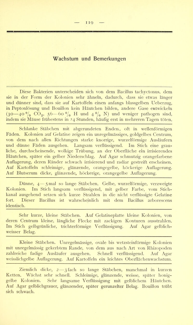 Diese Bakterien unterscheiden sich von dem Bacillus tachyctonus, dem sie in der Form der Kolonien sehr ähneln, dadurch, dass sie etwas länger und dünner sind, dass sie auf Kartoffeln einen anfangs blassgelben Ueberzug, in Peptonlösung und Bouillon kein Häutchen bilden, andere Gase entwickeln (30—40CO2, 56—60 Yo H und 4 ®/q N) und weniger pathogen sind, indem sie Mäuse frühestens in 24 Stunden, häufig erst in mehreren Tagen töten. Schlanke Stäbchen mit abgerundeten Enden, oft in wellenförmigen Fäden. Kolonien auf Gelatine zeigen ein unregelmässiges, goldgelbes Centrum, von dem nach allen Richtungen starke knorrige, wurzelförmige Ausläufern und dünne Fäden ausgehen. Langsam verflüssigend. Im Stich eine grau- liche, durchscheinende, wolkige Trübung, an der Oberfläche ein irrisierendes Häutchen, später ein gelber Niederschlag. Auf Agar schmutzig orangefarbene Auflagerung, deren Ränder schwach irrisierend und radiar gestreift erscheinen. Auf Kartoffeln schleimige, glänzende, orangegelbe, höckerige Auflagerung. Auf Blutserum dicke, glänzende, höckerige, orangegelbe Auflagerung. Dünne, 4—5 mal so lange Stäbchen. Gelbe, wurzelförmige, verzweigte Kolonien. Im Stich langsam verflüssigend, mit gelber Farbe, vom Stich- kanal ausgehend setzen sich kurze Strahlen in die nicht verflüssigte Gelatine fort. Dieser Bacillus ist wahrscheinlich mit dem Bacillus arborescens identisch. Sehr kurze, kleine Stäbchen. Auf Gelatineplatte kleine Kolonien, von deren Centrum kleine, längliche Flecke mit zackigen Konturen ausstrahlen. Im Stich gelbgrünliche, trichterförmige Verflüssigung. Auf Agar gelblich- weisser Belag. Kleine Stäbchen. Unregelmässige, ovale bis wetzsteinförmige Kolonien mit unregelmässig gekerbtem Rande, von dem aus nach Art von Rhizopoden zahlreiche fadige Ausläufer ausgehen. Schnell verflüssigend. Auf Agar weisslichgelbe Auflagerung. Auf Kartoffeln ein leichtes Oberflächenwachstum. Ziemlich dicke, 2—3 fach so lange Stäbchen, manchmal in kurzen Ketten. Wächst sehr schnell. Schleimige, glänzende, weisse, später honig- gelbe Kolonien. Sehr langsame Verflüssigung mit gelblichem Häutchen. Auf Agar gelblichgrauer, glänzender, später gerunzelter Belag. Bouillon trübt sich schwach.