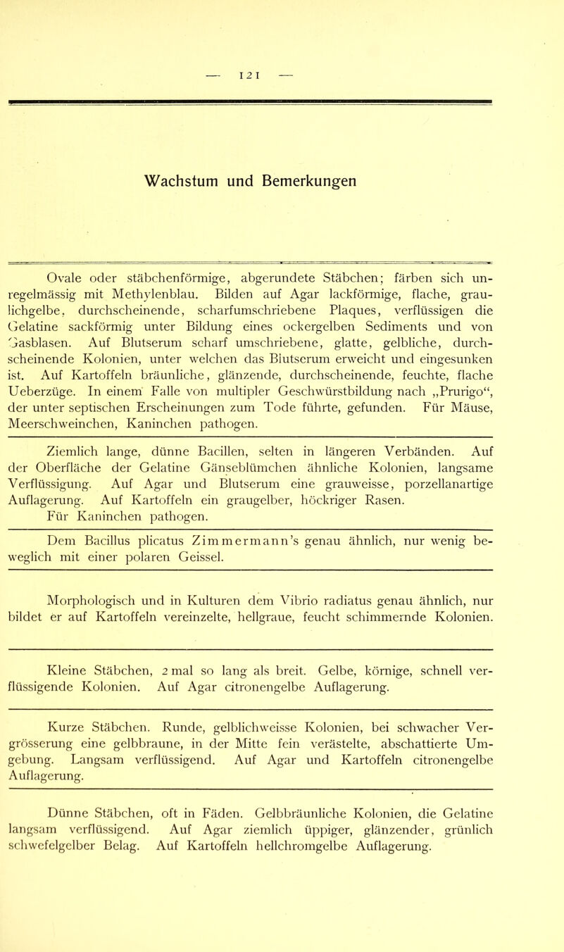Wachstum und Bemerkungen Ovale oder stäbchenförmige, abgerundete Stäbchen; färben sich un- regelmässig mit Methylenblau. Bilden auf Agar lackförmige, flache, grau- lichgelbe, durchscheinende, scharfumschriebene Plaques, verflüssigen die Gelatine sackförmig unter Bildung eines ockergelben Sediments und von Gasblasen. Auf Blutserum scharf umschriebene, glatte, gelbliche, durch- scheinende Kolonien, unter welchen das Blutserum erweicht und eingesunken ist. Auf Kartoffeln bräunliche, glänzende, durchscheinende, feuchte, flache Ueberzüge. In einem Falle von multipler Geschwürstbildung nach „Prurigo“, der unter septischen Erscheinungen zum Tode führte, gefunden. Für Mäuse, Meerschweinchen, Kaninchen pathogen. Ziemlich lange, dünne Bacillen, selten in längeren Verbänden. Auf der Oberfläche der Gelatine Gänseblümchen ähnliche Kolonien, langsame Verflüssigung. Auf Agar und Blutserum eine grauweisse, porzellanartige Auflagerung. Auf Kartoffeln ein graugelber, höckriger Rasen. Für Kaninchen pathogen. Dem Bacillus plicatus Zimmer mann’s genau ähnlich, nur wenig be- weglich mit einer polaren Geissei. Morphologisch und in Kulturen dem Vibrio radiatus genau ähnlich, nur bildet er auf Kartoffeln vereinzelte, hellgraue, feucht schimmernde Kolonien. Kleine Stäbchen, 2 mal so lang als breit. Gelbe, körnige, schnell ver- flüssigende Kolonien. Auf Agar citronengelbe Auflagerung. Kurze Stäbchen. Runde, gelblichweisse Kolonien, bei schwacher Ver- grösserung eine gelbbraune, in der Mitte fein verästelte, abschattierte Um- gebung. Langsam verflüssigend. Auf Agar und Kartoffeln citronengelbe Auflagerung. Dünne Stäbchen, oft in Fäden. Gelbbräunliche Kolonien, die Gelatine langsam verflüssigend. Auf Agar ziemlich üppiger, glänzender, grünlich schwefelgelber Belag. Auf Kartoffeln hellchromgelbe Auflagerung.