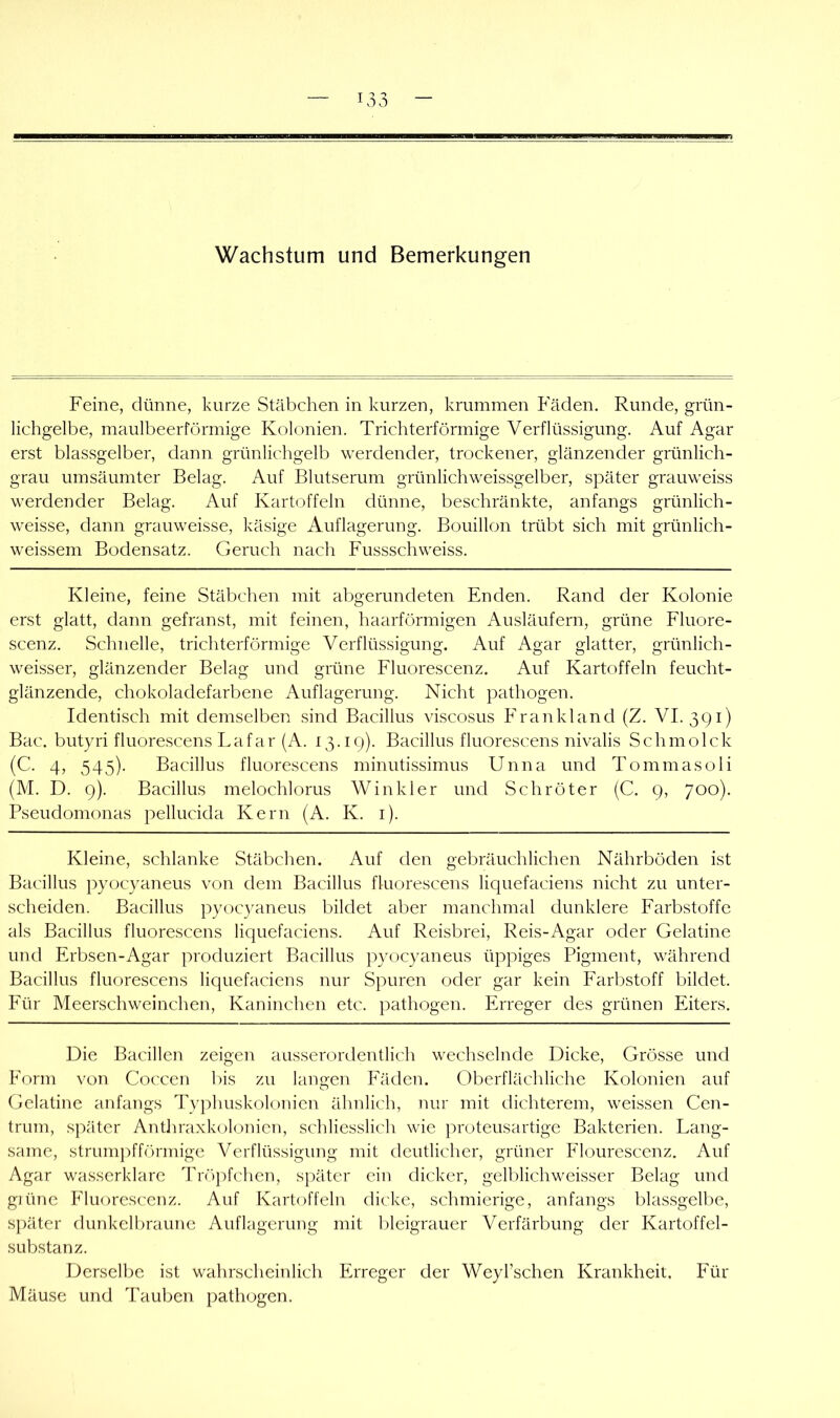 Wachstum und Bemerkungen Feine, dünne, kurze Stäbchen in kurzen, krummen Fäden. Runde, grün- lichgelbe, maulbeerförmige Kolonien. Trichterförmige Verflüssigung. Auf Agar erst blassgelber, dann grünlic'hgelb werdender, trockener, glänzender grünlich- grau umsäumter Belag. Auf Blutserum grünlichweissgelber, später grauweiss werdender Belag. Auf Kartoffeln dünne, beschränkte, anfangs grünlich- weisse, dann grauweisse, käsige Auflagerung. Bouillon trübt sich mit grünlich- weissem Bodensatz. Geruch nach Fussschweiss. Kleine, feine Stäbchen mit abgerundeten Enden. Rand der Kolonie erst glatt, dann gefranst, mit feinen, haarförmigen Ausläufern, grüne Fluore- scenz. Schnelle, trichterförmige Verflüssigung. Auf Agar glatter, grünlich- weisser, glänzender Belag und grüne Fluorescenz. Auf Kartoffeln feucht- glänzende, chokoladefarbene Auflagerung. Nicht pathogen. Identisch mit demselben sind Bacillus viscosus Frankland (Z. VI. 391) Bac. butyri fluorescens Lafar (A. 13.19). Bacillus fluorescens nivalis Schmolck (C. 4, 545). Bacillus fluorescens minutissimus Unna und Tommasoli (M. D. 9). Bacillus melochlorus Winkler und Schröter (C. 9, 700). Pseudomonas pellucida Kern (A. K. i). Kleine, schlanke Stäbchen. Auf den gebräuchlichen Nährböden ist Bacillus pyocyaneus von dem Bacillus fluorescens liquefaciens nicht zu unter- scheiden. Bacillus pyocyaneus bildet aber manchmal dunklere Farbstoffe als Bacillus fluorescens liquefaciens. Auf Reisbrei, Reis-Agar oder Gelatine und Erbsen-Agar produziert Bacillus pyocyaneus üppiges Pigment, während Bacillus fluorescens liquefaciens nur Spuren oder gar kein Farbstoff bildet. Für Meerschweinchen, Kaninchen etc. pathogen. Erreger des grünen Eiters. Die Bacillen zeigen ausserordentlich wechselnde Dicke, Grösse und Form von Coccen bis zu langen Fäden. Oberflächliche Kolonien auf Gelatine anfangs Typhuskolonien ähnlich, nur mit dichterem, weissen Cen- trum, später Antliraxkolonien, schliesslich wie proteusartige Bakterien. Lang- same, strumpfförmige Verflüssigung mit deutlicher, grüner Flourescenz. Auf Agar wasserklare Tröpfchen, später ein dicker, gelblichweisser Belag und gjüne Pduorescenz. Auf Kartoffeln dicke, schmierige, anfangs blas.sgelbe, später dunkelbraune Auflagerung mit bleigrauer Verfärbung der Kartoffel- substanz. Derselbe ist wahrsclieinlich Erreger der Weykschen Krankheit. Für Mäuse und Tauben pathogen.