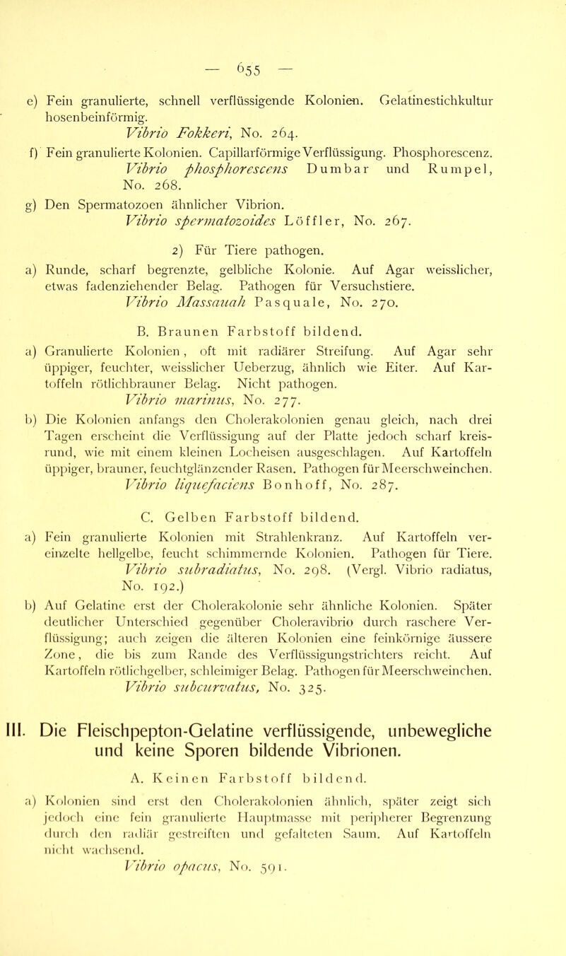 — 055 — e) Fein granulierte, schnell verflüssigende Kolonien. Gelatinestichkultur hosenbeinförmig. Vihriö Fokkeri, No. 264. f) Fein granulierte Kolonien. Capillarförmige Verflüssigung. Phosphorescenz. Vibrio phosphorescejis Du mbar und Rumpel, No. 268. g) Den Spermatozoen ähnlicher Vibrion. Vibrio spermatozoides Löffler, No. 267. 2) Für Tiere pathogen. a) Runde, scharf begrenzte, gelbliche Kolonie. Auf Agar weisslicher, etwas fadenziehender Belag. Pathogen für Versuchstiere. Vibrio Massanah Pas quäle, No. 270. B, Braunen Farbstoff bildend. a) Granulierte Kolonien, oft mit radiärer Streifung. Auf Agar sehr üppiger, feuchter, weisslicher Ueberzug, ähnlich wie Eiter. Auf Kar- toffeln rötlichbrauuer Belag. Nicht pathogen. Vibrio viarinus, No. 277. b) Die Kolonien anfangs den Cholerakolonien genau gleich, nach drei Tagen erscheint die Verflüssigung auf der Platte jedoch scharf kreis- rund, wie mit einem kleinen Locheisen ausgeschlagen. Auf Kartoffeln üppiger, brauner, feuchtglänzender Rasen. Pathogen fürMeerschweinchen. Vdbrio liquefaciens Bonhoff, No. 287. C. Gelben Farbstoff bildend. a) Fein granulierte Kolonien mit Strahlenkranz. Auf Kartoffeln ver- einzelte hellgelbe, feucht schimmernde Kolonien. Pathogen für Tiere. Vibrio subradiatus, No. 298. (Vergl. Vibrio radiatus, No. 192.) 1j) Auf Gelatine erst der Cholerakolonie sehr ähnliche Kolonien. Später deutlicher Unterschied gegenüber Choleravibrio durch raschere Ver- flüssigung; auch zeigen die älteren Kolonien eine feinkörnige äussere Zone, die l)is zum Rande des Verflüssigungstrichters reicht. Auf Kartoffeln rötlichgelber, schleimiger Belag. Pathogen fürMeerschweinchen. Vibrio subcurvatiis, No. 325. Die Fleischpepton-Gelatine verflüssigende, unbewegliche und keine Sporen bildende Vibrionen. A. Keinen Farbstoff bildend. l) Kolonien sind erst den Cholerakolonien ähnlich, später zeigt sich jedoch eine fein granulierte Plauptmasse mit perijdierer Begrenzung durch (len r^idiär gestreiften und gefalteten Saum. Auf Kartoffeln nicht w.'ichsend. Vibrio opacus, No. 591.
