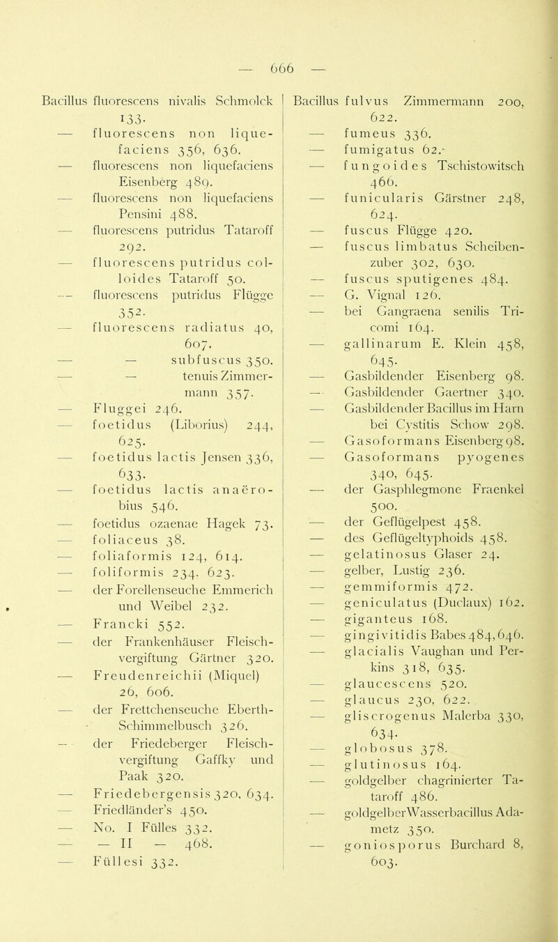 Bacillus fluoresceus nivalis Schmolck 133. — fluorescens non lique- faciens 356, 636. — fluorescens non liquefaciens Eisenberg 489, — fluorescens non Iic{uefaciens Pensini 488. — fluorescens putridus Tataroff 292. —• fluorescens putridus col- loides Tataroff 50. -— fluorescens putridus Flügge 352. fluorescens radiatus 40, 607. — — subfuscus 350. — — tenuis Zimmer- mann 357. — Fluggei 246. — foetidus (Liborius) 244, 625. — foetidus lactis Jensen 336, 633- — foetidus lactis anaero- bius 546. — foetidus ozaenae Hagek 73. — foliaceus 38. — foliaformis 124, 614. — foliformis 234. 623. — der Forellenseuche Emmerich und Weibel 232. — Francki 552. — der Frankenhäuser Fleisch- vergiftung Gärtner 320. — Freudenreichii (Miquel) 26, 606. — der Frettchenseuche Eberth- Schimmelbusch 326. der Friedeberger Fleisch- vergiftung Gaffky und Paak 320. —- Friedebergensis 320, 634. — Friedländer’s 450. — No. I Fülles 332. — - II - 468. — Füllesi 332. Bacillus fulvus Zimmermann 200, 622. fumeus 336. fumigatus 62.- — fungoides Tschistowitsch 466. — funicularis Gärstner 248, 624. fuscus Flügge 420. — fuscus limbatus Scheiben- zuber 302, 630. — fuscus sputigenes 484. — G. Vignal 126. — bei Gangraena senilis Tri- comi 164. — gallinarum E. Klein 458, 645- — Gasbildender Eisenberg 98. —• Gasbildender Gaertner 340. — Gasbildender Bacillus im Harn bei Cystitis Schow 298. — Gasoformans Eisenberg98. — Gasoformans pyogenes 340,645. — der Gasphlegmone Fraenkel 500. — der Geflügelpest 458. — des Geflügeltyphoids 458. •— gelatinosus Glaser 24. ■— gelber, Lustig 236. -— gemmiformis 472. — geniculatus (Duclaux) 162. — giganteus 168. — gingivitidis Babes 484,646. — glacialis Vaughan und Per- kins 318, .635. — glaucescens 520. — glaucus 230, 622. — gliscrogenus Malerba 330, 634- — globosus 378. — glutinosus 164. ■— goldgelber chagrinierter Ta- taroff 486. — goldgelb erWasserbacillus Ada- metz 350. — g o n i o s p o r u s Burchard 8, 603.
