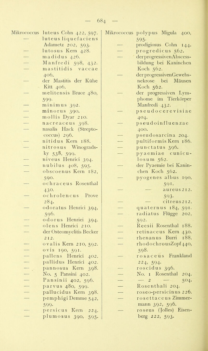 Mikrococcus luteus Cohn 422, 597. — 1 u t e u s 1 i q 11 e f a c i e n s Adamet.z 202, 593. — lutosus Kern 428. — madidus 426. — Manfredi 598, 432. — mastitidis vaccae 406. — der Mastitis der Kühe Kitt 406. — melitensis Bruce 480, 599q — minim US 392. — minorus 390. — m o 11 i s Dyar 2 i o. — nacreaceus 398. — nasalis Hack (Strepto- coccus) 296. — nitidus Kern 188. — nitros US Winograds- l^y 538, 599- — niveus Henrici 394. — nubilus 408, 595. — obscoenus Kern 182, 590. — ochraceus Rosenthal 430. — ochrolencus Prove 284. — odoratus Henrici 394, 596- — odorus Henriei 394. — o 1 e n s Henrici 2 i o. — der Osteomyelitis Becker 2 12. — ovalis Kern 210, 592. — ovis 190, 591. — pal lens Henrici 402. — pallidus Henrici 402. — pannosus Kern 398. — No. 5 Pansini 402. — Pansinii 402, 596. — parvus 480, 599. — pallucidus Kern 398. — pemphigi Demme 542, 599- _ — persicus Kern 224. — plumosus 390, 595. Mikrococcus polypus Migula 400, 595- — prodigiosus Cohn 144. — progredicus 562. — der progressiven Abscess- bildung bei Kaninchen Koch 562. — der progressivenGewebs- nekrose bei Mäusen Koch 562. — der progressiven Lym- phome im Tierkörper Manfredi 432. i — pseudocerevisiae 404. — p s e u d o i n f 1 u e n z a e 400. — pseudosarcina 204. — pultif ormis Kern 186. — punctatus 396. — pyaemiae cunicu- losum 562. — der Pyaemie bei Kanin- chen Koch 562. — pyogenes albus 190, 591- — — aureus 212. 593- — — citreus2i2. — quaternus 184, 591. — radiatus Flügge 202, 592- — Reesii Rosenthal 188. — retinaceus Kern 430. — rhenanus Burri 188. — rhodochrousZopf440, 598- — rosaceus Frankland 224, 594. — roscidus 396. — No. 1 Rosenthal 204. — — 2 — 504. — Rosenthali 204. — roseo-persicinus 226. — rosettaceus Zimmer- mann 392, 596. — roseus (Jolles) Eisen- berg 222, 593.