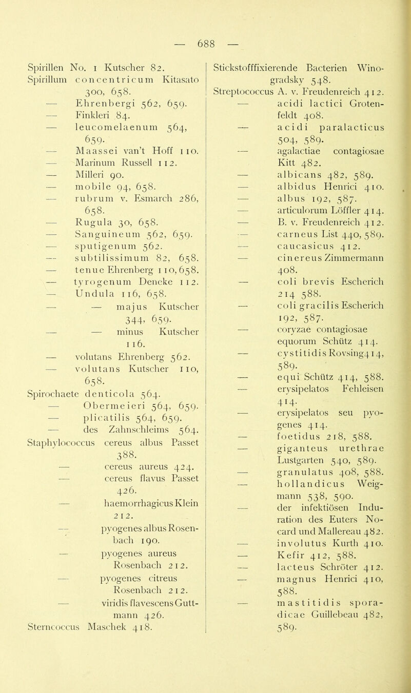 Spirillen No. i Kutscher 82. Spirillum c o n c e n t r i c u m Kitasato 300,658. Ehrenbergi 562, 659. — Finkleri 84. — leucomelaenum 564, 659- — Maas sei van’t Hoff iio. — Marinum Russell 112. — Milleri 90. — mobile 94, 658. — rubrum v. Esmarch 286, 658. ■— Rugula 30, 658. — Sanguineum 562, 659. ■— s p u t i g e n u m 562. — subtilissimum 82, 658. — tenue Ehrenberg I IO, 658. — tyrogenuin Deneke 112. — Undula 116, 658. — — majus Kutscher 344,659. — — minus Kutscher 116. — volutans Ehrenberg 562. — volutans Kutscher iio, 658. Spirochaete denticola 564. — Obermeieri 564, 659. — plicatilis 564, 659. — des Zahnschleims 564. Staplyylococcus cereus albus Passet 388. — cereus aureus 424. — cereus flavus Passet 426. — haemorrhagicus Klein 212. — pyogenes albus Rosen- bach 190. — pyogenes aureus Rosenbach 212. — pyogenes citreus Rosenbach 212. — viridis flavescensGutt- mann 426. Sterncoccus Maschek 418. Stickstofffixierende Bacterien Wino- gradsky 548. Streptococcus A. v. Freudenreich 412. — acidi lactici Groten- feldt 408. — acidi paralacticus 504,589. — agalactiae contagiosae Kitt 482. — albicans 482, 589. — albidus Henrici 410. — albus 192, 587. — articulorum Löffler 414. — B. V. Freudenreich 412. — carneus List 440, 589. — caucasicus 412. — ci n e r e u s Zimmermann 408. — coli brevis Escherich 214 588.^ — coli gracilis Escherich 192,587- — coryzae contagiosae equorum Schütz 414. — cystitidis Rovsing4i4, 589- — equi Schütz 414, 588. — erysipelatos P'ehleisen 414. — erysipelatos seu pyo- genes 414. — foetidus 218, 588. — giganteus urethrae Lustgarten 540, 589. — granulatus 408, 588. — holla ndicus Weig- mann 538, 590. — der infektiösen Indu- ration des Euters No- card und Mallereau 482. involutus Kurth 410. — Kefir 412, 588. — lacteils Schröter 412. — magnus Henrici 410, 588. — mastitidis spora- dicae Guillebeau 482, 589-