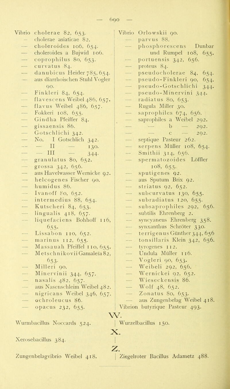Vibrio cholerae 82, 653. — cholerae asiaticae 82. ■— choleroides 106, 654. — choleroides a Bujwid 106. — coprophilus 80, 653. — curvatus 84. — daniibicus Heider 785, 654. — aus diarrhoischen Stuhl Vogler 90. — Finkleri 84, 654. — flavescens Weibel 486, 657. -— flavus Weibel 486, 657. — Fokkeri 108, 655. — Gindha Pfeiffer 84. gissaensis 86. — Gotschlichi 342. — No. I Gotschlich 342. — — II — 130. — - III - 344. — granulatus 80, 652. — grossa 342, 656. — aus Havelwasser Wernicke 92. — helcogenes Fischer 90. — humid US 86. Ivanoff 80, 652. — intermedius 88, 654. ■— Kutsch eri 84, 653. ■— lingualis 418, 657. — liquefaciens Bohhoff 116, 655. Lissabon iio, 652. — marinus 112, 655. — Massauah Pfeiffel 110,655. — MetschnikoviiGamaleia82, 653- — Milleri 90. — Minervinii 344, 657. — nasalis 482, 657. — aus Nasenschleim Weibel 482. — nigricans Weibel 346, 657. — ochroleucus 86. — opacus 232, 655. Wurmbacillus Noccards 524. Xerosebacillus 384. Zungenbelagvibrio Weibel 418. Vibrio Orlowskii 90. — parvus 88. — phospho res eens Dunbar und Rumpel 108, 655. — portuensis 342, 656. — proteus 84. — pseudocholerae 84, 654. — pseudo-Finkleri 90, 654. —• pseudo-Gotschlichi 344. — pseudo-Minervini 344. — radiatus 80, 653. — Rugula Miller 30. — saprophiles 674, 656. — saprophiles a Weibel 292. — —■ b — 292. — c — 292. — septique Pasteur 262. -— serpens Müller 108, 654. — Smithii 314, 656. — spermatozoides Löffler 108,655. — sputigenes 92. — aus Sputum Brix 92. — striatus 92, 652. — subcurvatus 130, 655. — subradiatus 120, 655. — subsaprophiles 292, 656. ■—■ subtilis Ehrenberg 2. syncyaneus Ehrenberg 358. — synxanthus Schröter 330. — terrigenus Günther 344, 656 — tonsillaris Klein 342, 656. ■—• tyrogenes 11 2. — Undula Müller 116. — Vogleri 90, 653. — Weibeli 292, 656. — Wernickei 92, 652. — Wieseckensis 86. — Wolf 48, 652. — Zonatus 80, 653. aus Zungenbelag Weibel 418. Vibrion butyrique Pasteur 493. Wurzelbacillus 150. Ziegelroter Bacillus Adametz 488.