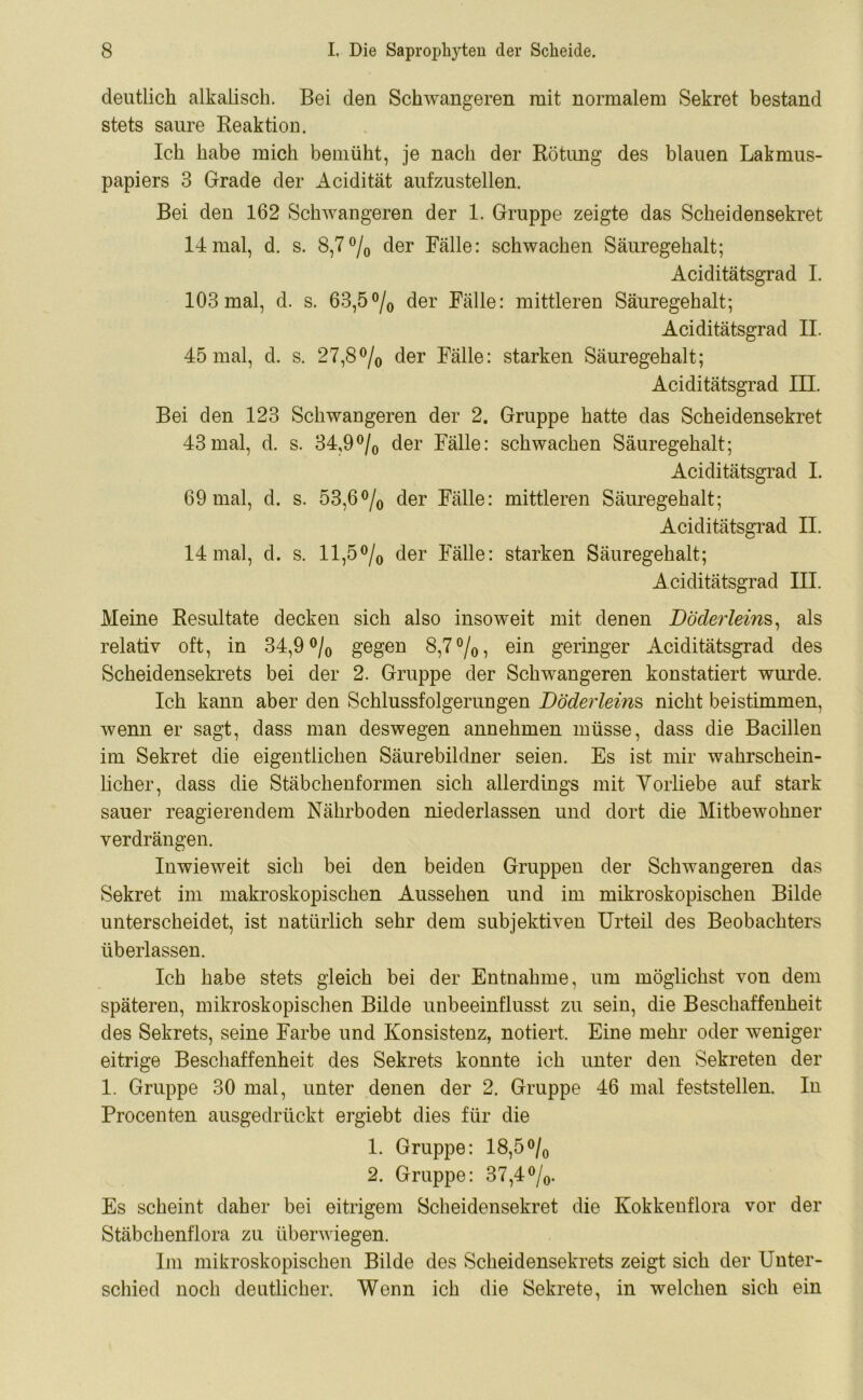 deutlich alkalisch. Bei den Schwangeren mit normalem Sekret bestand stets saure Reaktion. Ich habe mich bemüht, je nach der Rötung des blauen Lakmus- papiers 3 Grade der Acidität aufzustellen. Bei den 162 Schwangeren der 1. Gruppe zeigte das Scheidensekret 14 mal, d. s. 8,7°/0 der Fälle: schwachen Säuregehalt; Aciditätsgrad I. 103 mal, d. s. 63,5°/0 der Fälle: mittleren Säuregehalt; Aciditätsgrad II. 45 mal, d. s. 27,8°/0 der Fälle: starken Säuregehalt; Aciditätsgrad III. Bei den 123 Schwangeren der 2. Gruppe hatte das Scheidensekret 43mal, d. s. 34,9°/0 der Fälle: schwachen Säuregehalt; Aciditätsgrad I. 69 mal, d. s. 53,6°/0 der Fälle: mittleren Säuregehalt; Aciditätsgrad II. 14 mal, d. s. 11,5°/0 der Fälle: starken Säuregehalt; Aciditätsgrad III. Meine Resultate decken sich also insoweit mit denen Döclerleins, als relativ oft, in 34,9 °/0 gegen 8,7°/0, ein geringer Aciditätsgrad des Scheidensekrets bei der 2. Gruppe der Schwangeren konstatiert wurde. Ich kann aber den Schlussfolgerungen Döderleim nicht beistimmen, wenn er sagt, dass man deswegen annehmen müsse, dass die Bacillen im Sekret die eigentlichen Säurebildner seien. Es ist mir wahrschein- licher, dass die Stäbchenformen sich allerdings mit Vorliebe auf stark sauer reagierendem Nährboden niederlassen und dort die Mitbewohner verdrängen. Inwieweit sich bei den beiden Gruppen der Schwangeren das Sekret im makroskopischen Aussehen und im mikroskopischen Bilde unterscheidet, ist natürlich sehr dem subjektiven Urteil des Beobachters überlassen. Ich habe stets gleich bei der Entnahme, um möglichst von dem späteren, mikroskopischen Bilde unbeeinflusst zu sein, die Beschaffenheit des Sekrets, seine Farbe und Konsistenz, notiert. Eine mehr oder weniger eitrige Beschaffenheit des Sekrets konnte ich unter den Sekreten der 1. Gruppe 30 mal, unter denen der 2. Gruppe 46 mal feststellen. In Procenten ausgedrückt ergiebt dies für die 1. Gruppe: 18,5°/0 2. Gruppe: 37,4°/0. Es scheint daher bei eitrigem Scheidensekret die Kokkenflora vor der Stäbchenflora zu überwiegen. Im mikroskopischen Bilde des Scheidensekrets zeigt sich der Unter- schied noch deutlicher. Wenn ich die Sekrete, in welchen sich ein