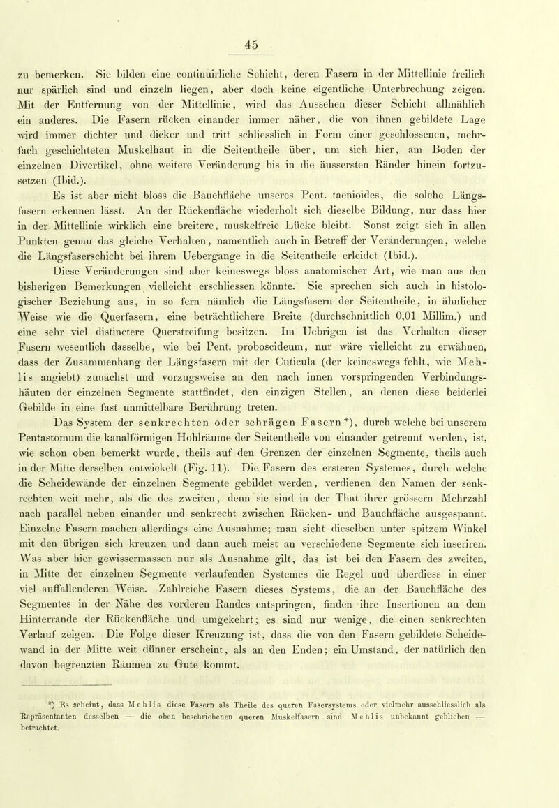zu bemerken. Sie bilden eine continuirliche Schicht, deren Fasern in der Mittellinie freilich nur spärlich sind und einzeln liegen, aber doch keine eigentliche Unterbrechung zeigen. Mit der Entfernung von der Mittellinie, wird das Aussehen dieser Schicht allmählich ein anderes. Die Fasern rücken einander immer näher, die von ihnen gebildete Lage wird immer dichter und dicker und tritt schliesslich in Form einer geschlossenen, mehr- fach geschichteten Muskelhaut in die Seitentheile über, um sich hier, am Boden der einzelnen Divertikel, ohne weitere Veränderung bis in die äussersten Ränder hinein fortzu- setzen (Ibid.). Es ist aber nicht bloss die Bauchfläche unseres Pent. taenioides, die solche Längs- fasern erkennen lässt. An der Rückenfläche wiederholt sich dieselbe Bildung, nur dass hier in der Mittellinie wirklich eine breitere, muskelfreie Lücke bleibt. Sonst zeigt sich in allen Punkten genau das gleiche Verhalten, namentlich auch in Betreff der Veränderungen, welche die Längsfaserschicht bei ihrem Uebergange in die Seitentheile erleidet (Ibid.). Diese Veränderungen sind aber keineswegs bloss anatomischer Art, wie man aus den bisherigen Bemerkungen vielleicht • erschliessen könnte. Sie sprechen sich auch in histolo- gischer Beziehung aus, in so fern nämlich die Längsfasern der Seitentheile, in ähnlicher Weise wie die Querfasern, eine beträchtlichere Breite (durchschnittlich 0,01 Millim.) und eine sehr viel distinctere Querstreifung besitzen. Im Uebrigen ist das Verhalten dieser Fasern wesentlich dasselbe, wie bei Pent. proboscideum, nur wäre vielleicht zu erwähnen, dass der Zusammenhang der Längsfasern mit der Cuticula (der keineswegs fehlt, wie Meh- lis angiebt) zunächst und vorzugsweise an den nach innen vorspringenden Verbindungs- häuten der einzelnen Segmente stattfindet, den einzigen Stellen, an denen diese beiderlei Gebilde in eine fast unmittelbare Berührung treten. Das System der senkrechten oder schrägen Fasern*), durch welche bei unserem Pentastomum die kanalförmigen Hohlräume der Seitentheile von einander getrennt werden-, ist, wie schon oben bemerkt wurde, theils auf den Grenzen der einzelnen Segmente, theils auch in der Mitte derselben entwickelt (Fig. 11). Die Fasern des ersteren Systemes, durch welche die Scheidewände der einzelnen Segmente gebildet werden, verdienen den Namen der senk- OD 7 rechten weit mehr, als die des zweiten, denn sie sind in der That ihrer grössern Mehrzahl nach parallel neben einander und senkrecht zwischen Rücken- und Bauchfläche ausgespannt. Einzelne Fasern machen allerdings eine Ausnahme; man sieht dieselben unter spitzem Winkel mit den übrigen sich kreuzen und dann auch meist an verschiedene Segmente sich inseriren. Was aber hier gewissermassen nur als Ausnahme gilt, das ist bei den Fasern des zweiten, in Mitte der einzelnen Segmente verlaufenden Systemes die Regel und überdiess in einer viel auffallenderen Weise. Zahlreiche Fasern dieses Systems, die an der Bauchfläche des Segmentes in der Nähe des vorderen Randes entspringen, finden ihre Insertionen an dem Hinterrande der Rückenfläche und umgekehrt; es sind nur wenige, die einen senkrechten Verlauf zeigen. Die Folge dieser Kreuzung ist, dass die von den Fasern gebildete Scheide- wand in der Mitte weit dünner erscheint, als an den Enden; ein Umstand, der natürlich den davon begrenzten Räumen zu Gute kommt. *) Es scheint, dass Mehlis diese Pasern als Theile des queren Fasersystems oder vielmehr ausschliesslich als Repräsentanten desselben — die oben beschriebenen queren Muskelfasern sind Mehlis unbekannt geblieben — betrachtet.