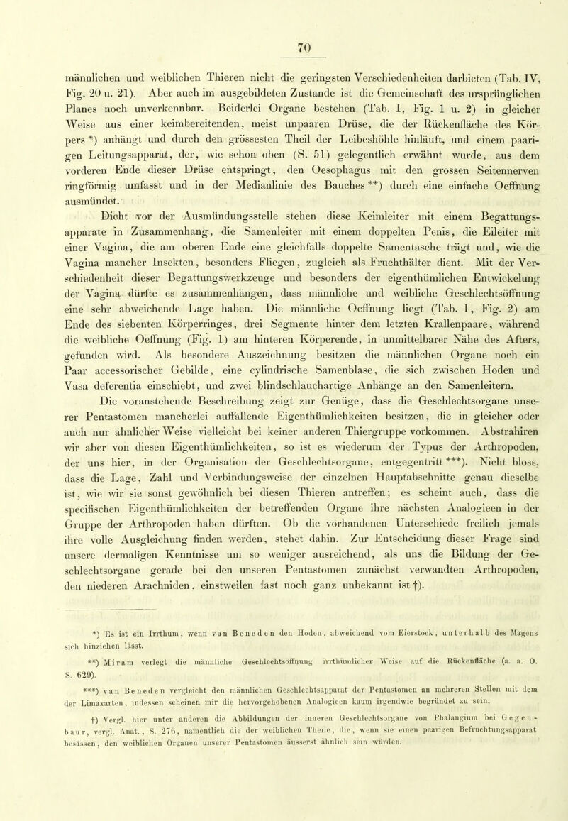 männlichen und weiblichen Thieren nicht die geringsten Verschiedenheiten darbieten (Tab. IV, Fig. 20 u. 21). Aber auch im ausgebildeten Zustande ist die Gemeinschaft des ursprünglichen Planes noch unverkennbar. Beiderlei Organe bestehen (Tab. I, Fig. 1 u. 2) in gleicher Weise aus einer keimbereitenden, meist unpaaren Drüse, die der Rückenfläche des Kör- pers *) anhängt und durch den grossesten Theil der Leibeshöhle hinläuft, und einem paari- gen Leitungsapparat, der, wie schon oben (S. 51) gelegentlich erwähnt wurde, aus dem vordei'en Ende dieser Drüse entspringt, den Oesophagus mit den grossen Seitennerven ringförmig umfasst und in der Medianlinie des Bauches **) durch eine einfache Oeffnung ausmündet.' Dicht vor der Ausmündungsstelle stehen diese Keimleiter mit einem Begattungs- apparate in Zusammenhang, die Samenleiter mit einem doppelten Penis, die Eileiter mit einer Vagina, die am oberen Ende eine gleichfalls doppelte Samentasche trägt und, wie die Vagina mancher Insekten, besonders Fliegen, zugleich als Fruchthälter dient. Mit der Ver- schiedenheit dieser Begattungswerkzeuge und besonders der eigenthümlichen Entwickelung der Vagina dürfte es zusammenhängen, dass männliche und weibliche Geschlechtsöffnung eine sehr abweichende Lage haben. Die männliche Oeffnung liegt (Tab. I, Fig. 2) am Ende des siebenten Körperringes, drei Segmente hinter dem letzten Krallenpaare, während die weibliche Oeffnung (Fig. 1) am hinteren Körperende, in unmittelbarer Nähe des Afters, gefunden wird. Als besondere Auszeichnung besitzen die männlichen Organe noch ein Paar accessorischer Gebilde, eine cylindrische Samenblase, die sich zwischen Hoden und Vasa deferentia einschiebt, und zwei blindschlauchartige Anhänge an den Samenleitern. Die voranstehende Beschreibung zeigt zur Genüge, dass die Geschlechtsorgane unse- rer Pentastomen mancherlei auffallende Eigentümlichkeiten besitzen, die in gleicher oder auch nur ähnlicher Weise vielleicht bei keiner anderen Thiergruppe vorkommen. Abstrahiren wir aber von diesen Eigentümlichkeiten, so ist es wiederum der Typus der Arthropoden, der uns hier, in der Organisation der Geschlechtsorgane, entgegentritt ***). Nicht bloss, dass die Lage, Zahl und Verbindungsweise der einzelnen Hauptabschnitte genau dieselbe ist, wie wir sie sonst gewöhnlich bei diesen Thieren antreffen; es scheint auch, dass die specifiscken Eigentümlichkeiten der betreffenden Organe ihre nächsten Analogieen in der Gruppe der Arthropoden haben dürften. Ob die vorhandenen Unterschiede freilich jemals ihre volle Ausgleichung finden werden, stehet dahin. Zur Entscheidung dieser Frage sind unsere dermaligen Kenntnisse um so weniger ausreichend, als uns die Bildung der Ge- schlechtsorgane gerade bei den unseren Pentastomen zunächst verwandten Arthropoden, den niederen Arachniden, einstweilen fast noch ganz unbekannt ist f). *) Es ist ein Irrthum, wenn van Beneden den Hoden, abweichend vom Eierstock, unterhalb des Magens sich hinziehen lässt. **) Mirara verlegt die männliche Geschlechtsöftiiung irrthümlichor Weise auf die Rückenfläche (a. a. 0. S. 629). ***) van Beneden vergleicht den männlichen Geschlechtsapparat der Pentastomen au mehreren Stellen mit dem der Limaxarten, indessen scheinen mir die hervorgehobenen Analogieen kaum irgendwie begründet zu sein. f) Vcrgl. hier unter anderen die Abbildungen der inneren Geschlechtsorgane von Phalangium bei Gegen- baur, vergl. Anat. , S. 27(i, namentlich die der weiblichen Tlieile, die, wenn sie einen paarigen Befruchtungsapparat besässen, den weiblichen Organen unserer Pentastomen äusserst ähnlich sein würden.