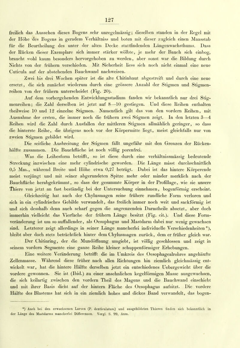 freilich das Aussehen dieses Bogens sehr unregelmässig; dieselben standen in der Regel mit der Höhe des Bosens in geradem Verhältniss und boten mit dieser zugleich einen Maasstab für die Beurtheilung des unter der alten Decke stattfindenden Längenwachsthums. Dass der Rücken dieser Exemplare sich immer stärker wölbte, je mehr der Bauch sich einbog, braucht wohl kaum besonders hervorgehoben zu werden, aber sonst war die Bildung durch Nichts von der frühern verschieden. Mit Sicherheit Hess sich noch nicht einmal eine neue Cuticula auf der abstehenden Bauchwand nachweisen. Zwei bis drei Wochen später ist die alte Chitinhaut abgestreift und durch eine neue ersetzt, die sich zunächst wiederum durch eine grössere Anzahl der Stigmen und Stigmen- reihen von der frühern unterscheidet (Fig. 20). Auf dem vorhergehenden Entwicklungsstadium fanden wir bekanntlich nur drei Stig- menreihen; die Zahl derselben ist jetzt auf 8—10 gestiegen. Und diese Reihen enthalten theilweise 10 und 12 einzelne Stigmen. Namentlich gilt das von den vordem Reihen, mit Ausnahme der ersten, die immer noch die frühern zwei Stigmen zeigt. In den letzten 3—4 Reihen wird die Zahl durch Ausfallen der mittleren Stigmen allmählich geringer, so dass die hinterste Reihe, die übrigens noch vor der Körpermitte liegt, meist gleichfalls nur von zweien Stigmen gebildet wird. Die seitliche Ausbreitung der Stigmen fällt ungefähr mit den Grenzen der Rücken- hälfte zusammen. Die Bauchfläche ist noch völlig porenfrei. Was die Leibesform betrifft, so ist diese durch eine verhältnissmässig bedeutende Streckung inzwischen eine mehr cylindrische geworden. Die Länge misst durchschnittlich 0,5 Mm., während Breite und Höhe etwa 0,27 beträgt. Dabei ist das hintere Körperende meist verjüngt und mit seiner abgerundeten Spitze mehr oder minder merklich nach der Bauchfläche herabgekrümmt, so dass der gesammte Körper in der Profillage, wie sie unsere Thiere von jetzt an fast beständig bei der Untersuchung einnehmen, bogenförmig erscheint. Gleichzeitig hat auch der Chylusmagen seine frühere rundliche Form verloren und sich in ein cylindrisches Gebilde verwandelt, das freilich immer noch weit und sackförmig ist und sich desshalb denn auch scharf gegen die angrenzenden Darmtheile absetzt, aber doch immerhin vielleicht das Vierfache der frühern Länge besitzt (Fig. cit.). Und diese Form- veränderung ist um so auffallender, als Oesophagus und Mastdarm dabei nur wenig gewachsen sind. Letzterer zeigt allerdings in seiner Länge mancherlei individuelle Verschiedenheiten *), bleibt aber doch stets beträchtlich hinter dem Chylusmagen zurück, dem er früher gleich war. Der Chitinring, der die Mundöffnung umgiebt, ist völlig geschlossen und zeigt in seinem vordem Segmente eine ganze Reihe kleiner schuppenförmiger Erhebungen. Eine weitere Veränderung betrifft die im Umkreis des Oesophagealrohres angehäufte Zellenmasse. Während diese früher nach allen Richtungen hin ziemlich gleichmässig ent- wickelt war, hat die hintere Hälfte derselben jetzt ein entschiedenes Uebergewicht über die vordere gewonnen. Sie ist (Ibid.) zu einer ansehnlichen kegelförmigen Masse ausgewachsen, die sich keilartig zwischen den vordem Theil des Magens und die Bauchwand einschiebt und mit ihrer Basis dicht auf der hintern Fläche des Oesophagus aufsitzt. Die vordere Hälfte des Blastems hat sich in ein ziemlich hohes und dickes Band verwandelt, das bogen- *) Auch bei den erwachsenen Larven (P. denticulatum) und ausgebildeten Thieren finden sich bekanntlich in der Länge des Mastdarms mancherlei Differenzen. Vergl. S. 99, Anm.