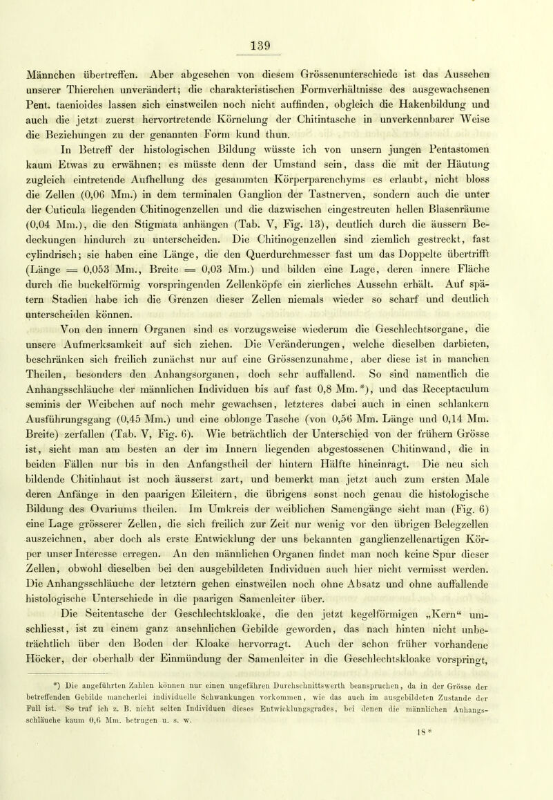Männchen übertreffen. Aber abgesehen von diesem Grössenunterschiede ist das Aussehen unserer Thierchen unverändert; die charakteristischen Form Verhältnisse des ausgewachsenen Pent. taenioides lassen sich einstweilen noch nicht auffinden, obgleich die Hakenbildung und auch die jetzt zuerst hervortretende Körnelung der Chitintasche in unverkennbarer Weise die Beziehungen zu der genannten Form kund thun. In Betreff der histologischen Bildung wüsste ich von unsern jungen Pentastomen kaum Etwas zu erwähnen; es müsste denn der Umstand sein, dass die mit der Häutung zugleich eintretende Aufhellung des gesammten Körperparenchyms es erlaubt, nicht bloss die Zellen (0,06 Mm.) in dem terminalen Ganglion der Tastnerven, sondern auch die unter der Cuticula liegenden Chitinogenzellen und die dazwischen eingestreuten hellen Blasenräume (0,04 Mm.), die den Stigmata anhängen (Tab. V, Fig. 13), deutlich durch die äussern Be- deckungen hindurch zu unterscheiden. Die Chitinogenzellen sind ziemlich gestreckt, fast cylindrisch; sie haben eine Länge, die den Querdurchmesser fast um das Doppelte übertrifft (Länge = 0,053 Mm., Breite = 0,03 Mm.) und bilden eine Lage, deren innere Fläche durch die buckeiförmig vorspringenden Zellenköpfe ein zierliches Aussehn erhält. Auf spä- tem Stadien habe ich die Grenzen dieser Zellen niemals wieder so scharf und deutlich unterscheiden können. Von den innern Organen sind es vorzugsweise wiederum die Geschlechtsorgane, die unsere Aufmerksamkeit auf sich ziehen. Die Veränderungen, welche dieselben darbieten, beschränken sich freilich zunächst nur auf eine Grössenzunahme, aber diese ist in manchen Theilen, besonders den Anhangsorganen, doch sehr auffallend. So sind namentlich die Anhangsschläuche der männlichen Individuen bis auf fast 0,8 Mm.*), und das Receptaculum seminis der Weibchen auf noch mehr gewachsen, letzteres dabei auch in einen schiankern Ausführungsgang (0,45 Mm.) und eine oblonge Tasche (von 0,56 Mm. Länge und 0,14 Mm. Breite) zerfallen (Tab. V, Fig. 6). Wie beträchtlich der Unterschied von der frühern Grösse ist, sieht man am besten an der im Innern liegenden abgestossenen Chitinwand, die in beiden Fällen nur bis in den Anfangstheil der hintern Hälfte hineinragt. Die neu sich bildende Chitinhaut ist noch äusserst zart, und bemerkt man jetzt auch zum ersten Male deren Anfänge in den paarigen Eileitern, die übrigens sonst noch genau die histologische Bildung des Ovariums theilen. Im Umkreis der weiblichen Samengänge sieht man (Fig. 6) eine Lage grösserer Zellen, die sich freilich zur Zeit nur wenig vor den übrigen Belegzellen auszeichnen, aber doch als erste Entwicklung der uns bekannten gano-lienzellenartigen Kör- per unser Interesse erregen. An den männlichen Organen findet man noch keine Spur dieser Zellen, obwohl dieselben bei den ausgebildeten Individuen auch hier nicht vermisst werden. Die Anhangsschläuche der letztern gehen einstweilen noch ohne Absatz und ohne auffallende histologische Unterschiede in die paarigen Samenleiter über. Die Seitentasche der Geschlechtskloake, die den jetzt kegelförmigen „Kern um- schliesst, ist zu einem ganz ansehnlichen Gebilde geworden, das nach hinten nicht unbe- trächtlich über den Boden der Kloake hervorragt. Auch der schon früher vorhandene Höcker, der oberhalb der Einmündung der Samenleiter in die Geschlechtskloake vorspringt, *) Die angeführten Zahlen können nur einen ungefähren Durchschnittswerth beanspruchen, da in der Grösse der betreifenden Gebilde mancherlei individuelle Schwankungen vorkommen, wie das auch im ausgebildeten Zustande der Fall ist. So traf ich ■/.. B. nicht selten Individuen dieses Entwicklungsgrades, bei denen die männlichen Anhangs- schläuche kaum 0,6 Mm. betrugen u. s. w. 18*