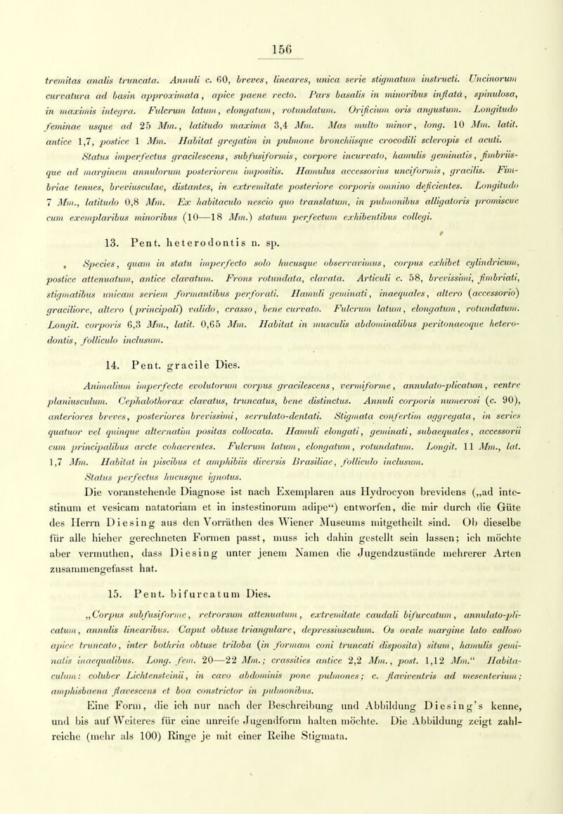 tremitas analis truncata. Annuli c. 60, breves, lineares, unica serie stigmaturn instructi. Uncinorum curvatura ad basin approximata, apice paene recto. Pars basalis in minoribus inflatä, spinulosa, in maximis integra. Fulerum latum, elongatum, rotundatum. Orificium oris angustum. Longitudo feminae usque ad 25 Mm., latitudo maxima 3,4 Mm. Mas multo minor, long. 10 Mm. latit. antice 1,7, postice 1 Mm. Habitat gregatim in pulmone bronchiisque crocodili scleropis et acuti. Status imperfectus gracilescens, subfusiformis, corpore ineurvato, hamulis geminatis, fimbriis- que ad marginem annulorum posteriorem impositis. Hamulus accessorius uneiformis, gracilis. Fim- briae tenues, breviusculae, distantes, in extremitate posteriore corporis omnino deficientes. Longitudo 7 Mm., latitudo 0,8 Mm. Ex habitaculo nescio quo translatum, in pulmonibus alligatoris promiscue cum exemplaribus minoribus (10—18 Mm.) statum perfectum exhibentibus collegi. f 13. Pent. heterodontis n. sp. , Species, quam in statu imperfecto solo hueusque observavimus, corpus exhibet cylindrickm, postice attenuatum, antice clavatum. Frons rotundata, clavata. Articuli c. 58, brevissimi, fimbriati, stigmatibus unicam Seriem formantibus perforati. Hamidi geminati, inaequales, altero (accessorio) graciliore, altero (principali) valido, crasso, bene curvato. Fulerum latum, elongatum, rotundatum. Longit. corporis 6,3 Mm., latit. 0,65 Mm. Habitat in musculis abdominalibus peritonaeoque hetero- dontis, folliculo inclusum. 14. Pent. gracile Dies. Animalium imperfecte evolutorum corpus gracilescens, vermiforme, annulato-plicatum, ventre planiusculum. Cephalotliorax clavatus, truncatus, bene distinetus. Annuli corporis numerosi (c. 90), anteriores breves, posteriores brevissimi, serrulato-dentati. Stigmata confertbii aggregata, in series quatuor vel quinque alternatim positas collocata. Hamuli elongati, geminati, subaequales, accessorii cum prineipalibus arete cohaerentes. Fulerum latum, elongatum, rotundatum. Longit. 11 Mm., lat. 1,7 Mm. Habitat in piseibus et amphibiis diversis Brasiliae, folliculo inclusum. Status perfectus hueusque ignotus. Die voranstehende Diagnose ist nach Exemplaren aus Hydrocyon brevidens („ad inte- stinum et vesicam natatoriain et in instestinorum adipe) entworfen, die mir durch die Güte des Herrn Diesing aus den Vorräthen des Wiener Museums mitgetheilt sind. Oh dieselbe für alle hieher gerechneten Formen passt, muss ich dahin gestellt sein lassen; ich möchte aber vermuthen, dass Diesing unter jenem Namen die Jugendzustände mehrerer Arten zusammengefasst hat. 15. Pent. bifurcatum Dies. „Corpus subfusiforme, retrorsum attenuatum, extremitate caudali bifurcatum, annulato-pli- catum, annulis linearibus. Caput obtuse triangidare, depressiusculum. Os ovale margine lato calloso apice truncato, inter bothria obtuse triloba (in formam coni truncati disposita) situm, hamulis gemi- natis iuaequalibus. Long. fem. 20—22 Mm.; crassities antice 2,2 Mm., post. 1,12 Mm. Habita- culum: coluber Lichtensteinii, in cavo abdominis pone pulmones; c. flaviventris ad mesenterium; amphisbaena flavescens et boa constrictor in pulmonibus. Eine Form, die ich nur nach der Beschreibung und Abbildung Diesing's kenne, und bis auf Weiteres für eine unreife Jugendform halten möchte. Die Abbildung zeigt zahl- reiche (mehr als 100) Ringe je mit einer Reihe Stigmata.