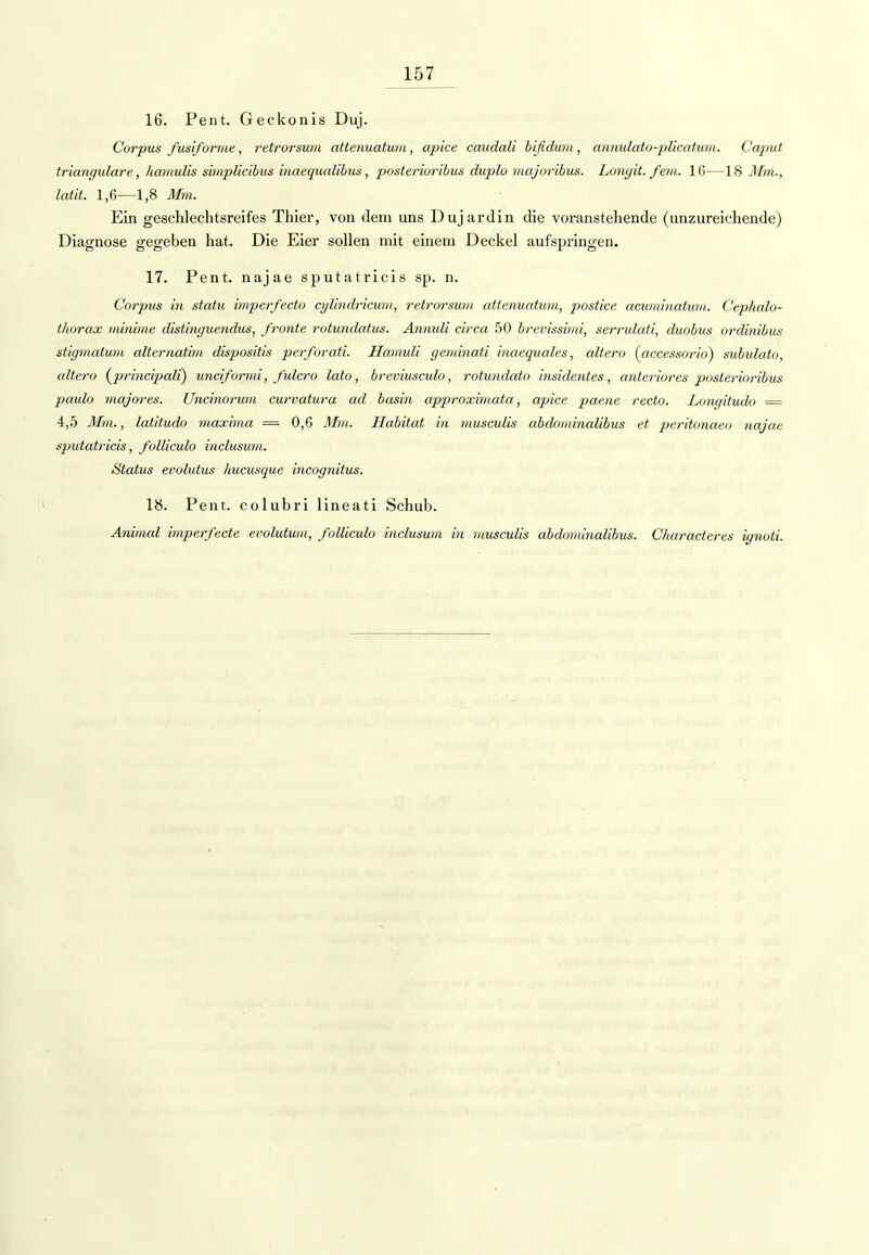 16. Pent. Geckonis Duj. Corpus fusiforme, retrorsum attenuatum, apice caudali bifidum, annulato-pliccdum. Caput trianguläre, hamulis simplicibus inaequalibus, posterioribus duplo majoribus. Long it. fem. 16—18 Mm., latit. 1,6—1,8 Mm. Ein geschlechtsreifes Thier, von dem uns Duj ardin die voranstehende (unzureichende) Diagnose gegeben hat. Die Eier sollen mit einem Deckel aufspringen. 17. Pent. najae sputatricis sp. n. Corpus in statu imperfecto cylindricwn, retrorsum attenuatum, postice acuminatum. Cephalo- thorax minime distinguendus, fronte rotundatus. Annuli circa 50 brevissimi, serrulati, duobus ordinibus stigmatum alternatim dispositis perforati. Hamuli geminati inaequales, altero (accessorio) subidato, altero (^principali) unciformi, fulcro lato, breviusculo, rotundato insidentes, anteriores posterioribus paulo majores. Uncinorum curvatura ad basin approxbnata, apice paene recto. Longitudo = 4,5 Mm., latitudo maxima = 0,6 Mm. Habitat in musculis abdominalibus et peritonaeo najae sputatricis, folliculo inclusum. Status evolutus hucusque incognitus. 18. Pent. colubri lineati Schub. Animal imperfecte evolutum, folliculo inclusum in musculis abdominalibus. Characteres ignoti.