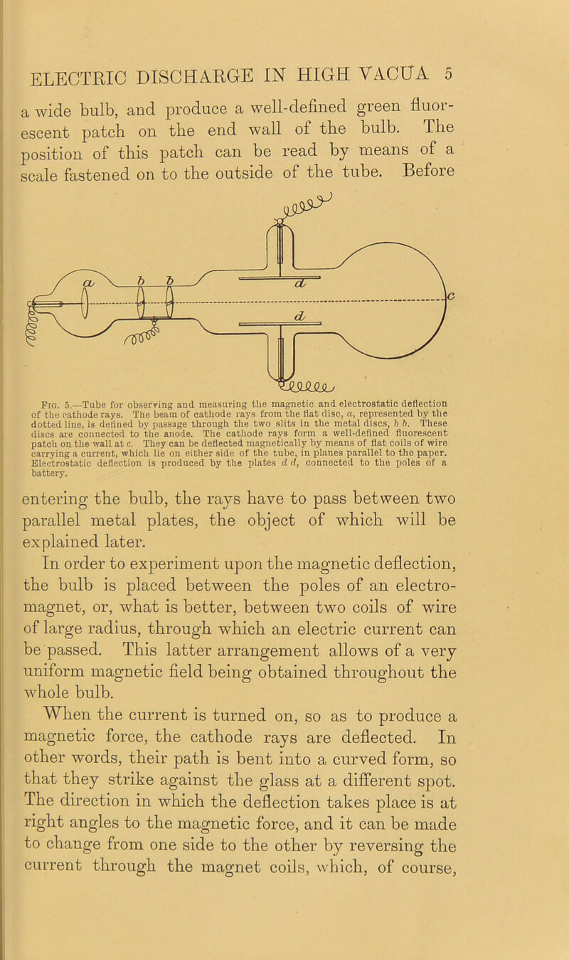 a wide bulb, and produce a well-defined green fluor- escent patch on the end wall ol the bulb. The position of this patch can be read by means of a scale fastened on to the outside of the tube. Before dotted line, is defined by passage through the two slits in the metal discs, b b. These discs are connected to the anode. The cathode rays form a well-defined fluorescent patch on the wall at c. They can be deflected magnetically by means of flat coils of wire carrying a current, which lie on either side of the tube, in planes parallel to the paper. Electrostatic deflection is produced by the plates cl (l, connected to the poles of a battery. entering the bulb, the rays have to pass between two parallel metal plates, the object of which will be explained later. In order to experiment upon the magnetic deflection, the bulb is placed between the poles of an electro- magnet, or, what is better, between two coils of wire of large radius, through which an electric current can be passed. This latter arrangement allows of a very uniform magnetic field being obtained throughout the whole bulb. When the current is turned on, so as to produce a magnetic force, the cathode rays are deflected. In other words, their path is bent into a curved form, so that they strike against the glass at a different spot. The direction in which the deflection takes place is at right angles to the magnetic force, and it can be made to change from one side to the other by reversing the current through the magnet coils, which, of course,