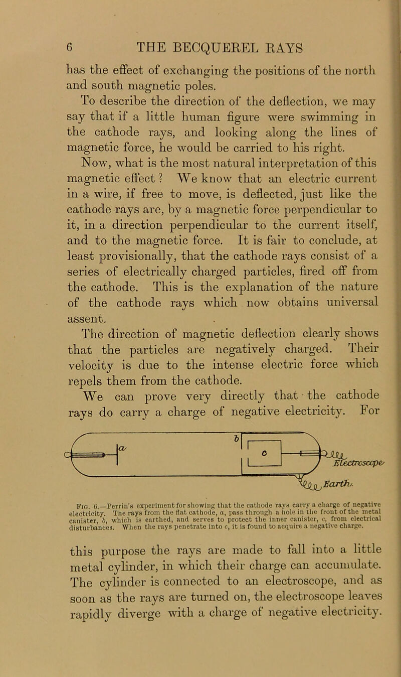 has the effect of exchanging the positions of the north and south magnetic poles. To describe the direction of the deflection, we may say that if a little human figure were swimming in the cathode rays, and looking along the lines of magnetic force, he would be carried to his right. Now, what is the most natural interpretation of this magnetic effect? We know that an electric current in a wire, if free to move, is deflected, just like the cathode rays are, by a magnetic force perpendicular to it, in a direction perpendicular to the current itself, and to the magnetic force. It is fair to conclude, at least provisionally, that the cathode rays consist of a series of electrically charged particles, fired off from the cathode. This is the explanation of the nature of the cathode rays which now obtains universal assent. The direction of magnetic deflection clearly shows that the particles are negatively charged. Their velocity is due to the intense electric force which repels them from the cathode. We can prove very directly that the cathode rays do carry a charge of negative electricity. For Fig. o.—Perrin's experiment for showing that the cathode rays carry a charge of negative electricity. The rays from the Hat cathode, a, pass through a hole in the front of the metal canister, b, which is earthed, and serves to protect the inner canister, c, from electrical disturbances. When the rays penetrate into c, it is found to acquire a negative charge. this purpose the rays are made to fall into a little metal cylinder, in which their charge can accumulate. The cylinder is connected to an electroscope, and as soon as the rays are turned on, the electroscope leaves rapidly diverge with a charge of negative electricity.