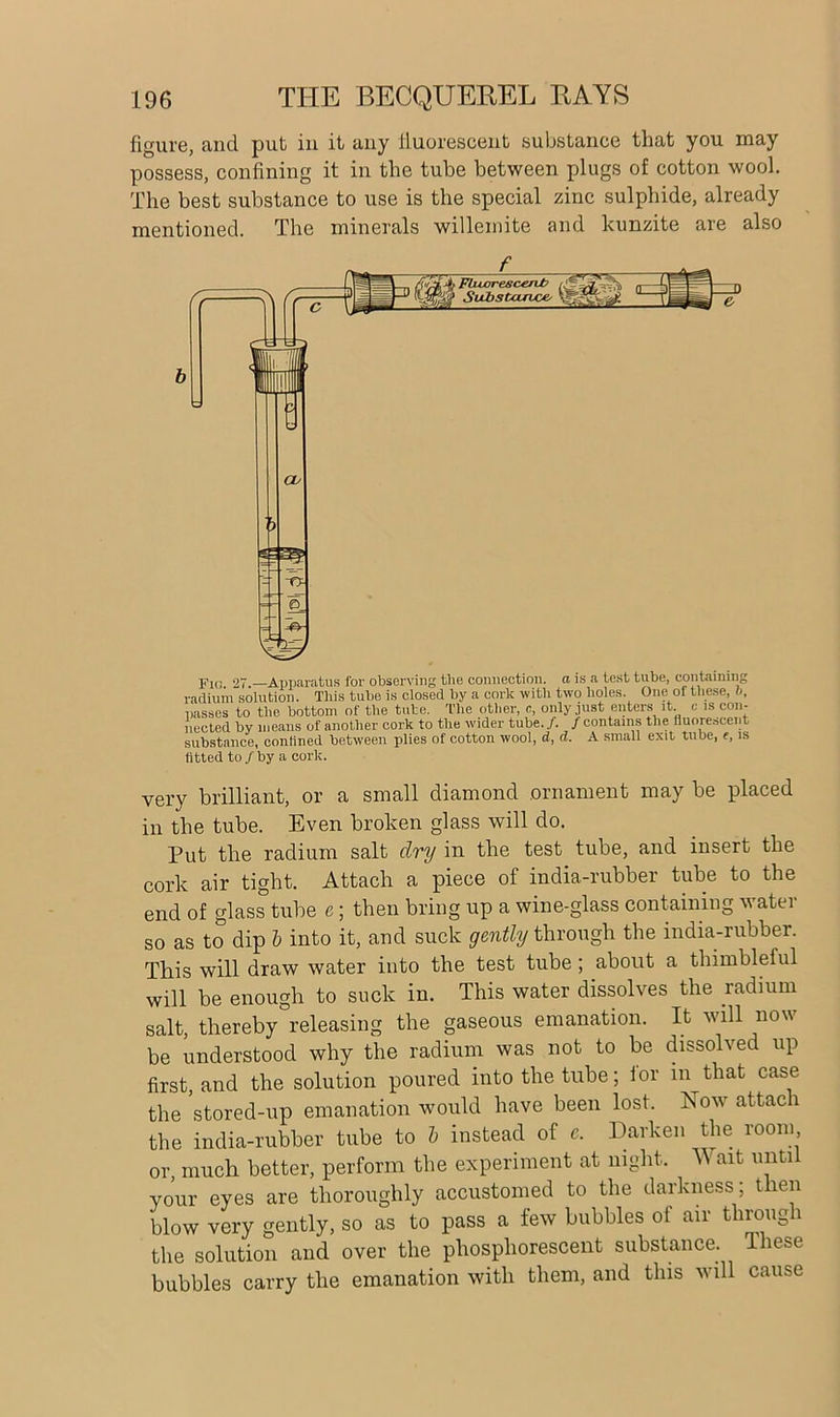 figure, and put in it any fluorescent substance that you may possess, confining it in the tube between plugs of cotton wool. The best substance to use is the special zinc sulphide, already mentioned. The minerals willemite and kunzite are also very brilliant, or a small diamond ornament may be placed in the tube. Even broken glass will do. Put the radium salt dry in the test tube, and insert the cork air tight. Attach a piece of india-rubber tube to the end of glass tube e; then bring up a wine-glass containing water so as to dip b into it, and suck gently through the india-rubber. This will draw water into the test tube ; about a thimbleful will be enough to suck in. This water dissolves the radium salt, thereby releasing the gaseous emanation. It will now be understood why the radium was not to be dissolved up first, and the solution poured into the tube; for in that case the stored-up emanation would have been lost. Now attach the india-rubber tube to b instead of e. Darken the room or, much better, perform the experiment at night, W ait until your eyes are thoroughly accustomed to the darkness, t len blow very gently, so as to pass a few bubbles of air through the solution and over the phosphorescent substance. These bubbles carry the emanation with them, and this will cause