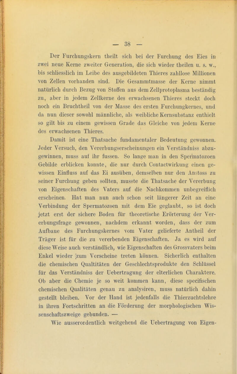 Der Furchungskern theilt sich bei der Furchung des Eies in zwei neue Kerne zweiter Generation, die sich wieder theilen u. s. w., bis schliesslich im Leibe des ausgebildeten Thieres zahllose Millionen von Zellen vorhanden sind. Die Gesammtinasse der Kerne nimmt natürlich durch Bezug von Stoffen aus dem Zellprotoplasma beständig zu, aber in jedem Zellkerne des erwachsenen Thieres steckt doch noch ein Bruchtheil von der Masse des ersten Furchungkernes, und da nun dieser sowohl männliche, als weibliche Kernsubstanz enthielt so gilt bis zu einem gewissen Grade das Gleiche von jedem Kerne des erwachsenen Thieres. Damit ist eine Thatsache fundamentaler Bedeutung gewonnen. Jeder Versuch, den Vererbungserscheinungen ein Verständniss abzu- gewinnen, muss auf ihr fussen. So lange man in den Spermatozoon Gebilde erblicken konnte, die nur durch Contactwirkung einen ge- wissen Einfluss auf das Ei ausüben, demselben nur den Anstoss zu seiner Furchung geben sollten, musste die Thatsache der Vererbung von Eigenschaften des Vaters auf die Nachkommen unbegreiflich erscheinen. Hat man nun auch schon seit längerer Zeit an eine Verbindung der Spermatozoon mit dem Eie geglaubt, so ist doch jetzt erst der sichere Boden für theoretische Erörterung der Ver- erbungsfrage gewonnen, nachdem erkannt worden, dass der zum Aufbaue des Furchungskernes vom Vater gelieferte Antheil der Träger ist für die zu vererbenden Eigenschaften. Ja es wird auf diese Weise auch verständlich, wie Eigenschaften des Grossvaters beim Enkel wieder [zum Vorscheine treten können. Sicherlich enthalten die chemischen Qualitäten der Geschlechtsprodukte den Schlüssel für das Verständniss der Uebertragung der elterlichen Charaktere. Ob aber die Chemie je so weit kommen kann, diese specifischen chemischen Qualitäten genau zu analysiren, muss natürlich dahin gestellt bleiben. Vor der Hand ist jedenfalls die Thierzuchtslehre in ihren Fortschritten an die Förderung der morphologischen Wis- senschaftszweige gebunden. — Wie ausserordentlich weitgehend die Uebertragung von Eigen-
