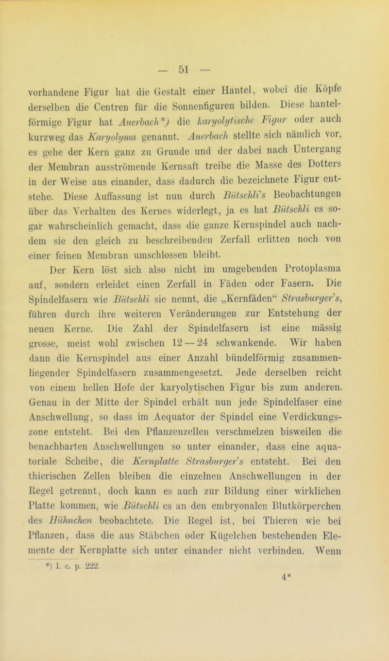 vorhandene Figur hat die Gestalt einer Hantel, wobei die Köpfe derselben die Centren für die Sonnenfiguren bilden. Diese hantei- förmige Figur hat Auerbach*) die haryöbytisßte Figur oder auch kurzweg das Karyolyma genannt. Auerbach stellte sich nämlich vor, es gehe der Kern ganz zu Grunde und der dabei nach Untergang der Membran ausströmende Kernsaft treibe die Masse des Dotters in der Weise aus einander, dass dadurch die bezeichnete Figur ent- stehe. Diese Auffassung ist nun durch BütschWs Beobachtungen über das Verhalten des Kernes widerlegt, ja es hat Bütschli es so- gafc wahrscheinlich gemacht, dass die ganze Kernspindel auch nach- dem sie den gleich zu beschreibenden Zerfall erlitten noch von einer feinem Membran umschlossen bleibt. Der Kern löst sich also nicht im umgebenden Protoplasma auf, sondern erleidet einen Zerfall in Fäden oder Fasern. Die Spindelfasern wie Bütschli sie nennt, die „Kernfäden Strasburger's, führen durch ihre weiteren Veränderungen zur Entstehung der neuen Kerne. Die Zahl der Spindelfasern ist eine massig grosse, meist wohl zwischen 12 — 24 schwankende. Wir haben dann die Kernspindel aus einer Anzahl bündelförmig zusammen- liegender Spindelfasern zusammengesetzt. Jede derselben reicht von einem hellen Hofe der karyolytischen Figur bis zum anderen. Genau in der Mitte der Spindel erhält nun jede Spindelfaser eine Anschwellung, so dass im Aequator der Spindel eine Verdickungs- zone entsteht. Bei den Pflanzenzellen verschmelzen bisweilen die benachbarten Anschwellungen so unter einander, dass eine äqua- toriale Scheibe, die Kernplatte Strasburger's entsteht. Bei den thierischen Zellen bleiben die einzelnen Anschwellungen in der Regel getrennt, doch kann es auch zur Bildung einer wirklichen Platte kommen, wie Bütschli es an den embryonalen Blutkörperchen des Hühnchen beobachtete. Die Regel ist, bei Thieren wie bei Pflanzen, dass die aus Stäbchen oder Kügelchen bestehenden Ele- mente der Kernplatte sich unter einander nicht verbinden. Wenn *) 1. c. p. 222. 4.*