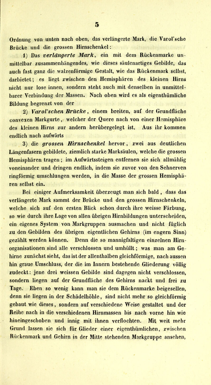 Ordnung von unten nach oben, das verlängerte Mark, die Varorsche Brücke und die grossen Hirnschenkel: 1) Das verlängerte Mark, ein mit dem Rückenmarke un- mittelbar zusammenhängendes, wie dieses säulenartiges Gebilde, das auch fast ganz die walzenförmige Gestalt, wie das Rückenmark selbst, darbietet; es liegt zwischen den Hemisphären des kleinen Hirns nicht nur lose innen, sondern steht auch mit denselben in unmittel- barer Verbindung der Massen. Nach oben wird es als eigenthümliche Bildung begrenzt von der 2) VaroVschen Brücke, einem breiten, auf der Grundfläche convexen Markgurte, welcher der Quere nach von einer Hemisphäre des kleinen Hirns zur andern herübergelegt ist. Aus ihr kommen endlich nach aufwärts 3) die grossen Hirnschenkel hervor, zwei aus deutlichen Längenfasern gebildete, ziemlich starke Marksäulen, welche die grossen Hemisphären tragen; im Aufwärtssteigen entfernen sie sich allmählig voneinander und dringen endlich, indem sie zuvor von den Sehnerven ringförmig umschlungen werden, in die Masse der grossen Hemisphä- ren selbst ein. Bei einiger Aufmerksamkeit überzeugt man sich bald, dass das verlängerte Mark sammt der Brücke und den grossen Hirnschenkeln, welche sich auf den ersten Blick schon durch ihre weisse Färbung, so wie durch ihre Lage von allen übrigen Hirnbildungen unterscheiden, ein eigenes System von Markgruppen ausmachen und nicht füglich zu den Gebilden des übrigen eigentlichen Gehirns (im engem Sinn) gezählt werden können. Denn die so mannigfaltigen einzelnen Hirn- organisationen sind alle verschlossen und umhüllt; was man am Ge- hirne zunächst sieht, das ist der allenthalben gleichförmige, nach aussen hin graue Umschluss, der die im Innern bestehende Gliederung völlig zudeckt: jene drei weissen Gebilde sind dagegen nicht verschlossen, sondern liegen auf der Grundfläche des Gehirns nackt und frei zu Tage. Eben so wenig kann man sie dem Rückenmarke beigesellen, denn sie liegen in der Schädelhöhle, sind nicht mehr so gleichförmig gebaut wie dieses, sondern auf verschiedene Weise gestaltet und der Reihe nach in die verschiedenen Hirnmassen bis nach vorne hin wie hineingeschoben und innig mit ihnen verflochten. Mit weit mehr Grund lassen sie sich für Glieder einer eigenthümlichen, zwischen Rückenmark und Gehirn in der Mitte stehenden Markgruppe ansehen,