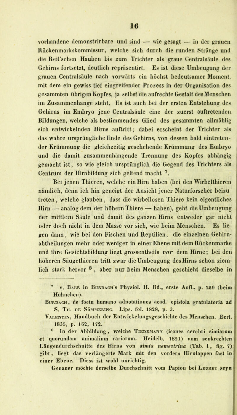 vorhandene demonstrirbare und sind — wie gesagt — in der grauen Rückenmarkskommissur, welche sich durch die runden Stränge und die Reil’schen Hauben bis zum Trichter als graue Centralsäule des Gehirns fortsetzt, deutlich repräsentirt. Es ist diese Umbeugung der grauen Centralsäule nach vorwärts ein höchst bedeutsamer Moment, mit dem ein gewiss tief eingreifender Prozess in der Organisation des gesammten übrigen Kopfes, ja selbst die aufrechte Gestalt des Menschen im Zusammenhänge steht. Es ist auch bei der ersten Entstehung des Gehirns im Embryo jene Centralsäule eine der zuerst auftretenden Bildungen, welche als bestimmendes Glied des gesammten allmählig ^ sich entwickelnden Hirns auftritt; dabei erscheint der Trichter als das wahre ursprüngliche Ende des Gehirns, von dessen bald eintreten- der Krümmung die gleichzeitig geschehende Krümmung des Embryo und die damit zusammenhängende Trennung des Kopfes abhängig gemacht ist, so wie gleich ursprünglich die Gegend des Trichters als Centrum der Hirnbildung sich geltend macht < Bei jenen Thieren, welche ein Hirn haben (bei den Wirbelthieren i nämlich, denn ich hin geneigt der Ansicht jener Naturforscher beizu- treten , welche glauben, dass die wirbellosen Thiere kein eigentliches Hirn — analog dem der hohem Thiere — haben), geht die Umbeugung der mittlern Säule und damit des ganzen Hirns entweder gar nicht oder doch nicht in dem Masse vor sich, wie beim Menschen. Es lie- gen dann, wie bei den Fischen und Reptilien, die einzelnen Gehirn- abtheilungen mehr oder weniger in einer Ebene mit dem Rückenmarke und ihre Gesichtsbildung liegt grossentheils vor dem Hirne; bei den höheren Säugethieren tritt zwar die Umbeugung des Hirns schon ziem- lich stark hervor ® , aber nur beim Menschen geschieht dieselbe in j ’ V. Baer in Burdach’s Physiol. II. Bd., erste Aufl., p. 259 (beim i Hühnchen). | Burdach j de foetu humano adnotationes acad. epistola gratulatoria ad i S. Th. de Sömmering. Lips. fol. 1828, p. 3. ^ Valentin, Handbuch der Entwickelungsgeschichte des Menschen. Berl. j 1835, p. 162, 172. * In der Abbildung, welche Tiedemann (icones cerebri simiarum | et quorundam animalium rariorum. Heidelb. 1821) vom senkrechten^ Längendurchschnitte des Hirns von simia nemestrina (Tab. I, fig. 7)' gibt, liegt das verlängerte Mark mit den vordem Hirnlappen fast in ä einer Ebene. Dicss ist w^ohl unrichtig. I Genauer möchte derselbe Durchschnitt vom Papion bei Leuret seyn f
