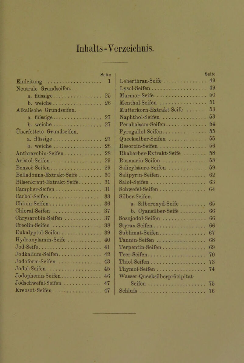 Inhalts-Verzeichnis. Seite Einleitung 1 Neutrale Grundseifen. a. flüssige 25 b. weiche 26 Alkalische Grundseifen. a. flüssige 27 b. weiche 27 Überfettete Grundseifen. a. flüssige 27 b. weiche 28 Anthrarobin-Seifen 28 Aristol-Seifen 29 Benzoe-Seifen 29 Belladonna-Extrakt-Seife 30 Bilsenkraut-Extrakt-Seife 31 Campher-Seifen 31 Carbol-Seifen 33 Chinin-Seifen 36 Chloral-Seifen 37 Chrysarobin-Seifen 37 Creolin-Seifen 38 Eukalyptol-Seifen 39 Hydroxylamin-Seife 40 Jod-Seife 41 Jodkalium-Seifen 42 Jodoform-Seifen 43 Jodol-Seifen ... 45 Jodophenin-Seifen 46 Jodschwefel-Seifen 47 Kreosot-Seifen 47 Seite Leberthran-Seife 49 Lysol-Seifen 49 Marmor-Seife 50 Menthol-Seifen 51 Mutterkorn-Extrakt-Seife 53 Naphthol-Seifen 53 Perubalsam-Seifen.... 54 Pyrogallol-Seifen 55 Quecksilber-Seifen 55 Resorcin-Seifen 56 Rhabarber-Extrakt-Seife 58 Rosmarin-Seifen 58 Salicylsäure-Seifen 59 Salipyrin-Seifen 62 Salol-Seifen 63 Schwefel-Seifen 64 Silber-Seifen. a. Silberoxyd-Seife 65 b. Cyansilber-Seife 66 Sozojodol-Seifen 66 Styrax-Seifen 66 Sublimat-Seifen 67 Tannin-Seifen 68 Terpentin-Seifen 69 Teer-Seifen 70 Thiol-Seifen 73 Thymol-Seifen 74 Wasser-Quecksilberpräcipitat- Seifen 75 Schlufs 76