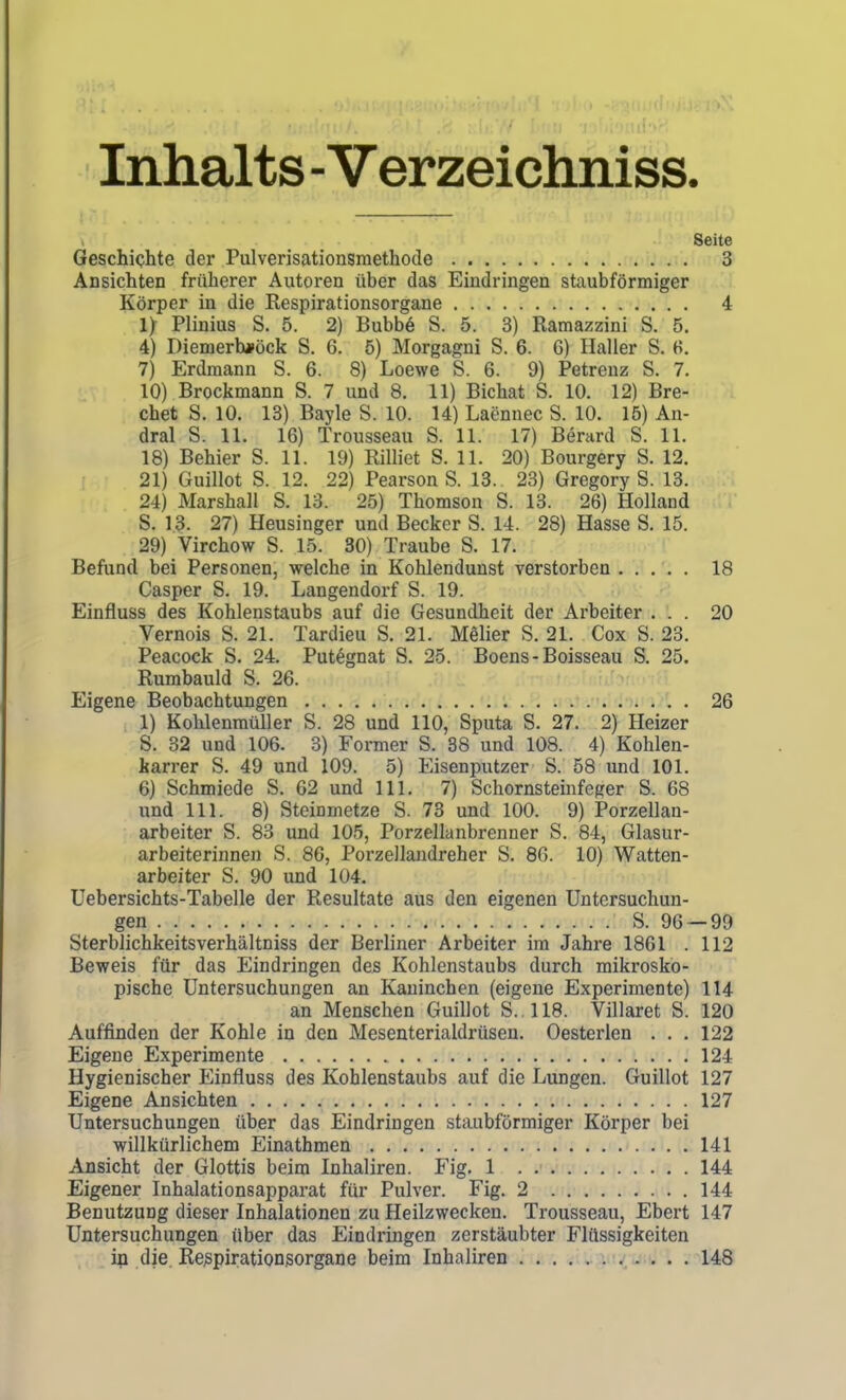 Inhalts - Verzeichniss. Seite Geschichte der Pulverisationsraethode 3 Ansichten früherer Autoren über das Eindringen stiiubförmiger Körper in die Respirationsorgane 4 1> Plinius S. 5. 2) Bubb6 S. 5. 3) Ramazzini S. 5. 4) I)iemerh#öck S. 6. 5) Morgagni S. 6. 6) Haller S. S. 7) Erdmann S. 6. 8) Loewe S. 6. 9) Petrenz S. 7. 10) Brockmann S. 7 und 8. 11) Bichat S. 10. 12) Bre- chet S. 10. 13) Bayle S. 10. 14) Laennec S. 10. 15) An- dral S. 11. 16) Trousseau S. 11. 17) Berard S. 11. 18) Behier S. 11. 19) Rilliet S. 11. 20) Bourgery S. 12. 21) Guillot S. 12. 22) Pearson S. 13. 23) Gregory S. 13. 24) Marshall S. 13. 25) Thomson S. 13. 26) Holland S. 13. 27) Heusinger und Becker S. 14. 28) Hasse S. 15. 29) Virchow S. 15. 30) Traube S. 17. Befund bei Personen, welche in Kohlendunst verstorben ..... 18 Casper S. 19. Langendorf S. 19. Einfluss des Kohlenstaubs auf die Gesundheit der Arbeiter ... 20 Vernois S. 21. Tardieu S. 21. Melier S. 21. Cox S. 23. Peacock S. 24. Putegnat S. 25. Boens - Boisseau S. 25. Rumbauld S. 26. Eigene Beobachtungen 26 1) Kohlenmüller S. 28 und 110, Sputa S. 27. 2) Heizer S. 32 und 106. 3) Former S. 38 und 108. 4) Kohlen- karrer S. 49 und 109. 5) Eisenputzer S. 58 imd 101. 6) Schmiede S. 62 und III. 7) Schornsteinfeger S. 68 und III. 8) Steinmetze S. 73 und 100. 9) Porzellan- arbeiter S. 83 und 105, Porzellanbrenner S. 84, Glasur- arbeiterinnen S. 86, Porzellandreher S. 86. 10) Watten- arbeiter S. 90 und 104. Uebersichts-Tabelle der Resultate aus den eigenen Untersuchun- gen S. 96 —99 Sterblichkeitsverhältniss der Berliner Arbeiter im Jahre 1861 . 112 Beweis für das Eindringen des Kohlenstaubs durch mikrosko- pische Untersuchungen an Kaninchen (eigene Experimente) 114 an Menschen Guillot S..118. Villaret S. 120 Auffinden der Kohle in den Mesenterialdrüsen. Oesterlen . . . 122 Eigene Experimente 124 Hygienischer Einfluss des Kohlenstaubs auf die Lungen. Guillot 127 Eigene Ansichten 127 Untersuchungen über das Eindringen staubförmiger Körper bei willkürlichem Einathmen 141 Ansicht der Glottis beim Inhaliren. Fig. 1 144 Eigener Inhalationsapparat für Pulver. Fig. 2 144 Benutzung dieser Inhalationen zu Heilzwecken. Trousseau, Ebert 147 Untersuchungen über das Eindringen zerstäubter Flüssigkeiten ip die. Re^pirationsorgane beim Inhaliren , • • • • 148