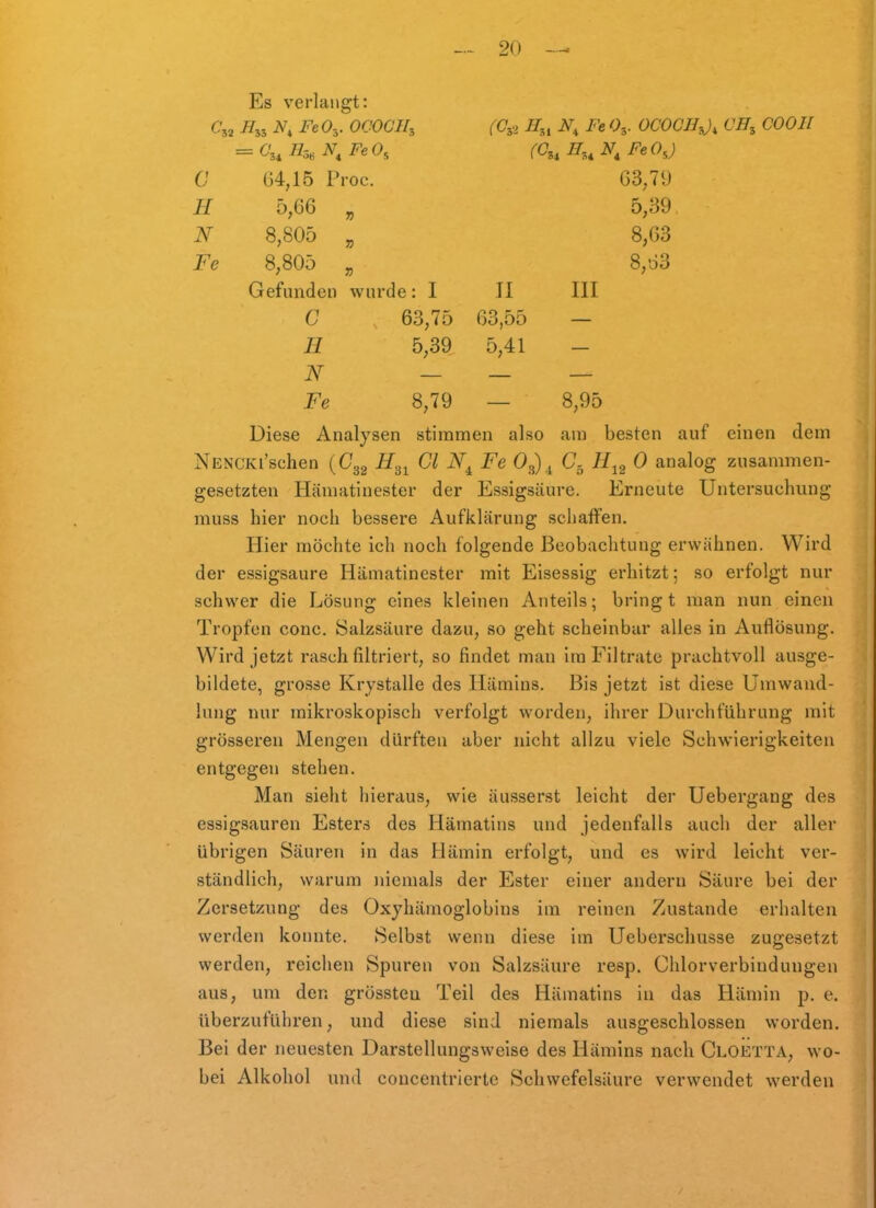 Es verlangt: N, FeO-,. OCOCII^ (C^'i ITj, Fe Oj. OCOCH^), CH^ COOIl = /i3e r(?84 ^4 ^« 6' 64,15 Proc. 63,79 K 5,66 „ 5,39 iV 8,805 „ 8,63 Fe 8,805 „ 8,63 Gefunden wurde : I II III G 63,75 63,55 — B. 5,39 5,41 - iVr _ _ _ Fe 8,79 — 8,95 Diese Analysen stimmen also am besten auf einen dem NEN'CKi'schen {G.^^ H.^^ Gl Fe 0^^ C- H^^ 0 analog zusammen- gesetzten Hämatinester der Essigsäure. Erneute Untersuchung muss hier noch bessere Aufklärung schaffen. Hier möchte ich noch folgende Beobachtung erwähnen. Wird der essigsaure Hämatinester mit Eisessig erhitzt; so erfolgt nur schwer die Lösung eines kleinen Anteils; bring t man nun einen Tropfen conc. Salzsäure dazu, so geht scheinbar alles in Auflösung. Wird jetzt rasch filtriert, so findet man im Filtrate prachtvoll ausge- bildete, grosse Krystalle des Hämins. Bis jetzt ist diese Umwand- lung nur mikroskopisch verfolgt worden, ihrer Durchführung mit grösseren Mengen dürften aber nicht allzu viele Schwierigkeiten entgegen stehen. Man sieht hieraus, wie äusserst leicht der Uebergang des essigsauren Esters des Hämatins und jedenfalls auch der aller übrigen Säuren in das Hämin erfolgt, und es wird leicht ver- ständlich, warum )nemals der Ester einer andern Säure bei der Zersetzung des Oxyhämoglobins im reinen Zustande erhalten werden konnte. Selbst wenn diese im Ueberschusse zugesetzt werden, reichen Spuren von Salzsäure resp. Chlorverbindungen aus, um den grössteu Teil des Hämatins in das Hämin p. e. überzuführen, und diese sind niemals ausgeschlossen worden. Bei der neuesten Darstellungsweise des Hämins nach Cloetta, wo- bei Alkohol und concentrierte Schwefelsäure verwendet werden