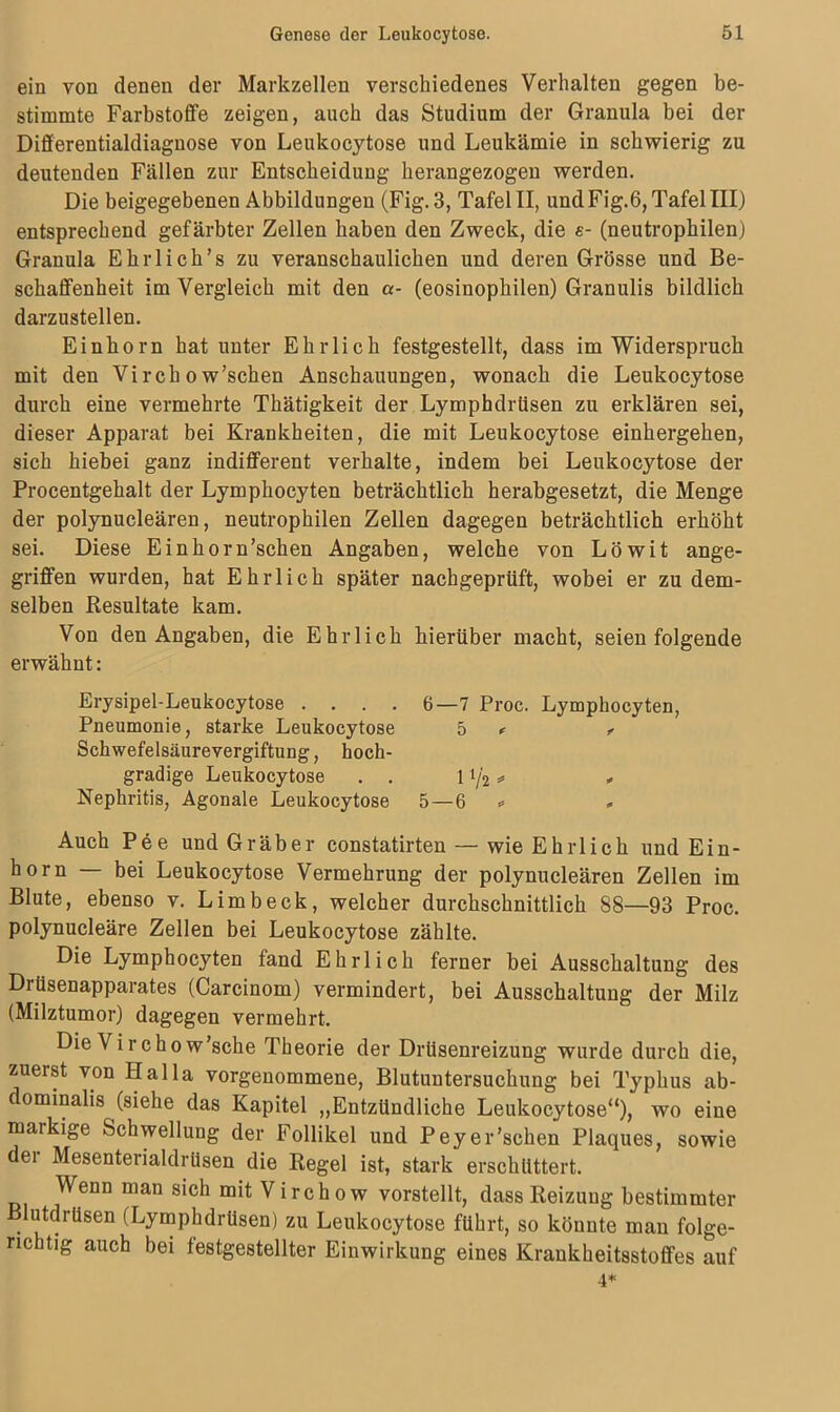 ein von denen der Markzellen verschiedenes Verhalten gegen be- stimmte Farbstoffe zeigen, auch das Studium der Granula bei der Differentialdiagnose von Leukocytose und Leukämie in schwierig zu deutenden Fällen zur Entscheidung herangezogen werden. Die beigegebenen Abbildungen (Fig. 3, Tafel II, undFig.6, Tafel III) entsprechend gefärbter Zellen haben den Zweck, die s- (neutrophilen) Granula Ehrlich’s zu veranschaulichen und deren Grösse und Be- schaffenheit im Vergleich mit den a- (eosinophilen) Granulis bildlich darzustellen. Einhorn hat unter Ehrlich festgestellt, dass im Widerspruch mit den Vi rch o w’schen Anschauungen, wonach die Leukocytose durch eine vermehrte Thätigkeit der Lymphdrtisen zu erklären sei, dieser Apparat bei Krankheiten, die mit Leukocytose einhergehen, sich hiebei ganz indifferent verhalte, indem bei Leukocytose der Procentgehalt der Lymphocyten beträchtlich herabgesetzt, die Menge der polynucleären, neutrophilen Zellen dagegen beträchtlich erhöht sei. Diese Einhorn’schen Angaben, welche von Löwit ange- griffen wurden, hat Ehrlich später nachgeprüft, wobei er zu dem- selben Resultate kam. Von den Angaben, die Ehrlich hierüber macht, seien folgende erwähnt: Erysipel-Leukocytose .... 6—7 Proc. Lymphocyten, Pneumonie, starke Leukocytose 5 < , Schwefelsäurevergiftung, hoch- gradige Leukocytose . . 11/2 * , Nephritis, Agonale Leukocytose 5 — 6 * * Auch Pee und Gräber constatirten — wie Ehrlich und Ein- horn — bei Leukocytose Vermehrung der polynucleären Zellen im Blute, ebenso v. Limb eck, welcher durchschnittlich 88—93 Proc. polynucleäre Zellen bei Leukocytose zählte. Die Lymphocyten fand Ehrlich ferner bei Ausschaltung des Drüsenapparates (Carcinom) vermindert, bei Ausschaltung der Milz (Milztumor) dagegen vermehrt. Die Vi r ch0 w’sche Theorie der Drüsenreizung wurde durch die, zuerst von Halla vorgenommene, Blutuntersuchung bei Typhus ab- dominalis (siehe das Kapitel „Entzündliche Leukocytose“), wo eine maikige Schwellung der Follikel und Pey er'sehen Plaques, sowie dei Mesenterialdrüsen die Regel ist, stark erschüttert. Wenn man sich mit Virchow vorstellt, dass Reizung bestimmter Blutdrüsen (Lymphdrtisen) zu Leukocytose führt, so könnte man folge- richtig auch bei festgestellter Einwirkung eines Krankheitsstoffes auf 4*