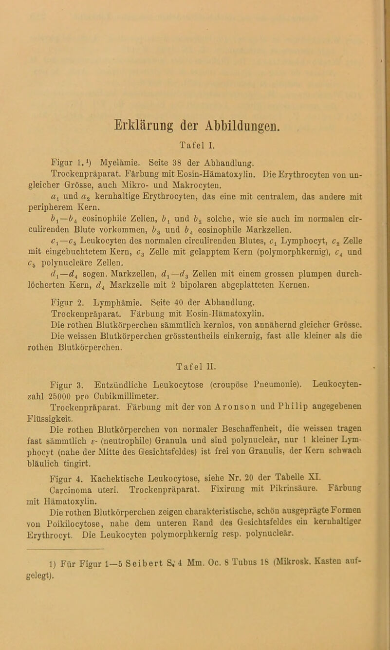 Erklärung der Abbildungen. Tafel I. Figur 1.J) Myelämie. Seite 38 der Abhandlung. Trockenpräparat. Färbung mit Eosin-Hämatoxylin. Die Erythrocyten von un- gleicher Grösse, auch Mikro- und Makrocyten. (ii und «2 kernhaltige Erythrocyten, das eine mit centralem, das andere mit peripherem Kern. bx —bA eosinophile Zellen, bx und b2 solche, wie sie auch im normalen cir- culirenden Blute Vorkommen, b3 und bA eosinophile Markzellen. ci—c5 Leukocyten des normalen circulirenden Blutes, cx Lymphocyt, c2 Zelle mit eingebuchtetem Kern, c3 Zelle mit gelapptem Kern (polymorphkernig), cA und c6 polynucleäre Zellen. di—di sogen. Markzellen, dt—d3 Zellen mit einem grossen plumpen durch- löcherten Kern, dA Markzelle mit 2 bipolaren abgeplatteten Kernen. Figur 2. Lymphämie. Seite 40 der Abhandlung. Trockenpräparat. Färbung mit Eosin-Hämatoxylin. Die rothen Blutkörperchen sämmtlich kernlos, von annähernd gleicher Grösse. Die weissen Blutkörperchen grösstentheils einkernig, fast alle kleiner als die rothen Blutkörperchen. Tafel II. Figur 3. Entzündliche Leukocytose (croupöse Pneumonie). Leukocyten- zahl 25000 pro Cubikmillimeter. Trockenpräparat. Färbung mit der von Aronson und Philip angegebenen Flüssigkeit. Die rothen Blutkörperchen von normaler Beschaffenheit, die weissen tragen fast sämmtlich e- (neutrophile) Granula und sind polynucleär, nur 1 kleiner Lym- phocyt (nahe der Mitte des Gesichtsfeldes) ist frei von Granulis, der Kern schwach bläulich tingirt. Figur 4. Kachektische Leukocytose, siehe Nr. 20 der Tabelle XI. Carcinoma uteri. Trockenpräparat. Fixirung mit Pikrinsäure. Färbung mit Hämatoxylin. Die rothen Blutkörperchen zeigen charakteristische, schön ausgeprägte Formen von Poikilocytose, nahe dem unteren ltand des Gesichtsfeldes ein kernhaltiger Erythrocyt. Die Leukocyten polymorphkernig resp. polynucleär. 1) Für Figur 1—5 Seibert S; 4 Mm. Oc. 8 Tubus IS (Mikrosk. Kasten auf- gelegt).