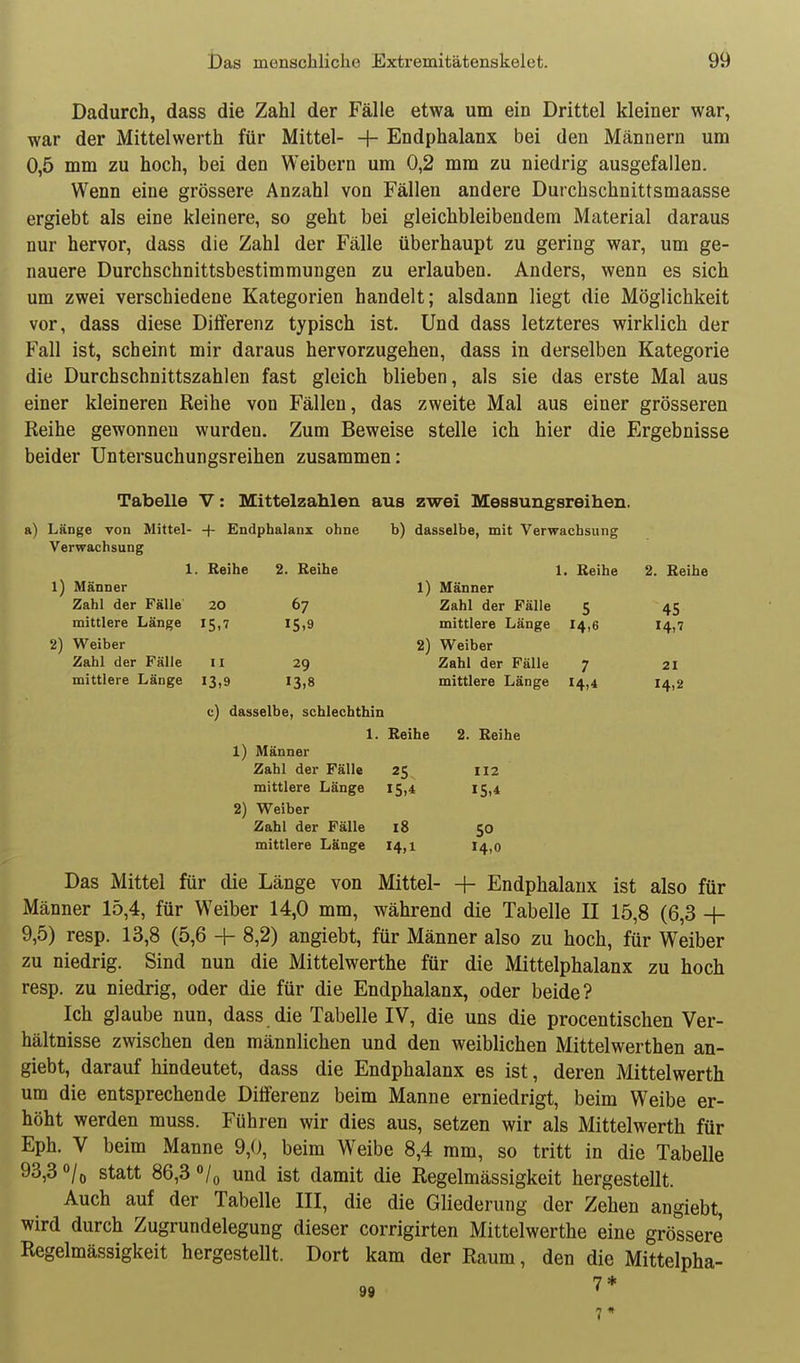 Dadurch, dass die Zahl der Fälle etwa um ein Drittel kleiner war, war der Mittelwerth für Mittel- + Endphalanx bei den Männern um 0,5 mm zu hoch, bei den Weibern um 0,2 mm zu niedrig ausgefallen. Wenn eine grössere Anzahl von Fällen andere Durchschnittsmaasse ergiebt als eine kleinere, so geht bei gleichbleibendem Material daraus nur hervor, dass die Zahl der Fälle überhaupt zu gering war, um ge- nauere Durchschnittsbestimmungen zu erlauben. Anders, wenn es sich um zwei verschiedene Kategorien handelt; alsdann liegt die Möglichkeit vor, dass diese Differenz typisch ist. Und dass letzteres wirklich der Fall ist, scheint mir daraus hervorzugehen, dass in derselben Kategorie die Durchschnittszahlen fast gleich blieben, als sie das erste Mal aus einer kleineren Reihe von Fällen, das zweite Mal aus einer grösseren Reihe gewonnen wurden. Zum Beweise stelle ich hier die Ergebnisse beider Untersuchungsreihen zusammen: Tabelle V: Mittelzahlen aus zwei Messungsreihen a) Länge von Mittel- + Endphalanx ohne Verwachsung 1. Reihe 1) Männer Zahl der Fälle 20 mittlere Länge 15,7 2) W^eiber Zahl der Fälle II mittlere Länge 13,9 2. Reihe 67 IS.9 29 13,8 b) dasselbe, mit Verwachsung 1. Reihe 2. Reihe 1) Männer Zahl der Fälle mittlere Länge 2) Weiber Zahl der Fälle mittlere Länge 5 14,6 7 14,4 45 14,7 21 14,2 c) dasselbe, schlechthin 1. Reihe 1) Männer Zahl der Fälle 25 mittlere Länge 15,4 2) Weiber Zahl der Fälle 18 mittlere Länge 14,1 2. Reihe 112 IS.* 50 14.0 Das Mittel für die Länge von Mittel- + Endphalanx ist also für Männer 15,4, für Weiber 14,0 mm, während die Tabelle II 15,8 (6,3 + 9,5) resp. 13,8 (5,6 + 8,2) angiebt, für Männer also zu hoch, für Weiber zu niedrig. Sind nun die Mittelwerthe für die Mittelphalanx zu hoch resp. zu niedrig, oder die für die Endphalanx, oder beide? Ich glaube nun, dass die Tabelle IV, die uns die procentischen Ver- hältnisse zwischen den männlichen und den weiblichen Mittelwerthen an- giebt, darauf hindeutet, dass die Endphalanx es ist, deren Mittelwerth um die entsprechende Differenz beim Manne erniedrigt, beim Weibe er- höht werden muss. Führen wir dies aus, setzen wir als Mittelwerth für Eph. V beim Manne 9,0, beim W^eibe 8,4 mm, so tritt in die Tabelle 93,30/0 statt 86,3 °/o und ist damit die Regelmässigkeit hergestellt. Auch auf der Tabelle III, die die Gliederung der Zehen angiebt, wird durch Zugrundelegung dieser corrigirten Mittelwerthe eine grössere Regelmässigkeit hergestellt. Dort kam der Raum, den die Mittelpha- 99 7* 7»