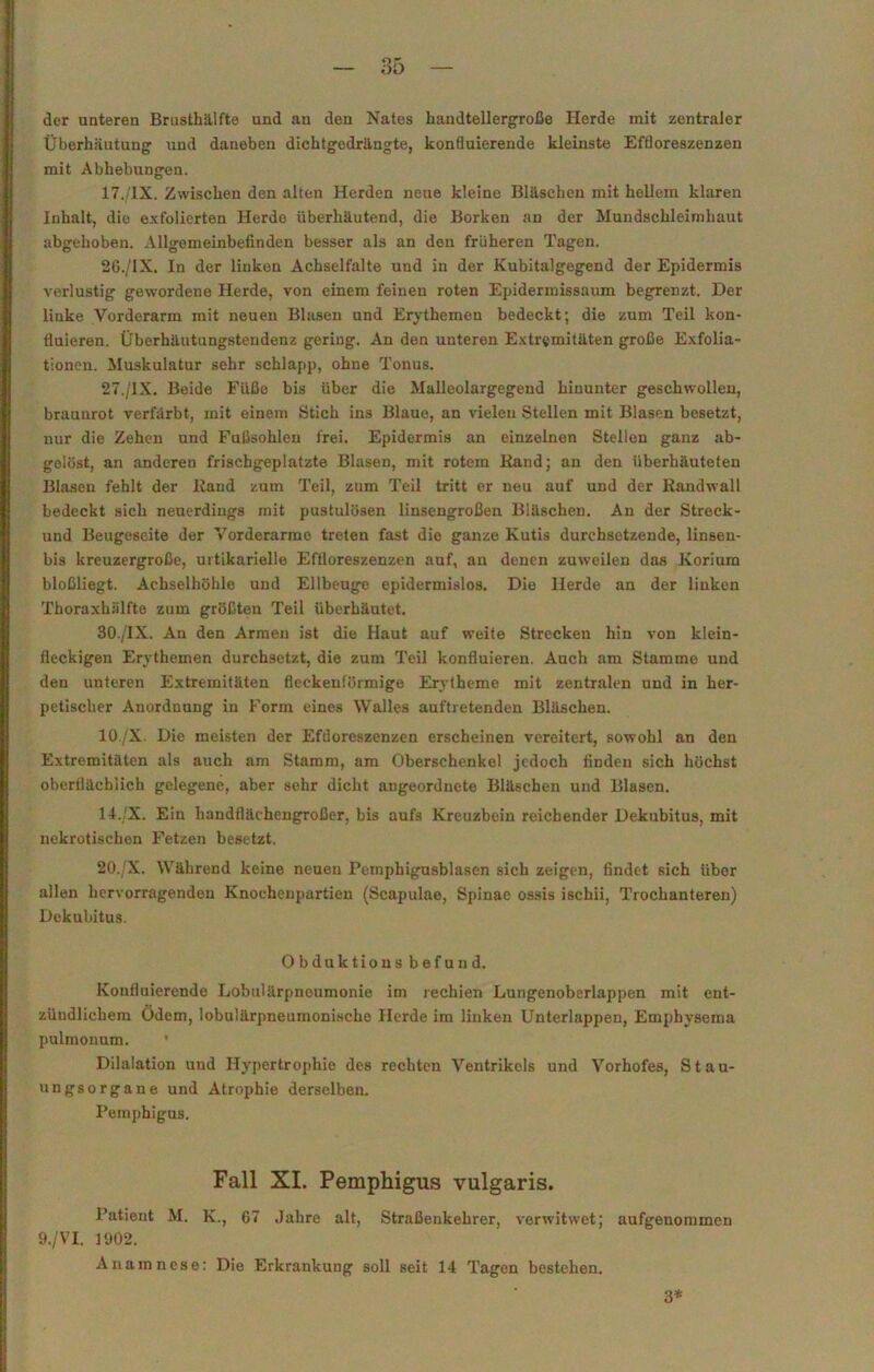 der unteren Brusthälfte und an den Nates handtellergroße Herde mit zentraler Überhäutung und daneben dichtgedrängte, konfluierende kleinste Effloreszenzen mit Abhebungen. 17./IX. Zwischen den alten Herden neue kleine Bläschen mit hellem klaren Inhalt, die exfolierten Herdo überhäutend, die Borken an der Mundschleimhaut abgehoben. Allgemeinbefinden besser als an den früheren Tagen. 26. /IX. In der linken Achselfalte und in der Kubitalgegend der Epidermis verlustig gewordene Herde, von einem feinen roten Epidermissaum begrenzt. Der linke .Vorderarm mit neuen Blasen und Erythemen bedeckt; die zum Teil kon- fluieren. Überhäutungstendenz gering. An den unteren Extremitäten große Exfolia- tionen. Muskulatur sehr schlapp, ohne Tonus. 27. /IX. Beide Füße bis über die Malleolargegend hinunter geschwollen, braunrot verfärbt, mit einem Stich ins Blaue, an vielen Stellen mit Blasen besetzt, nur die Zehen und Fußsohlen frei. Epidermis an einzelnen Stellen ganz ab- gelöst, an anderen frischgeplatzte Blasen, mit rotem Rand; an den überhäuteteu Blasen fehlt der Rand zum Teil, zum Teil tritt er neu auf und der Randwall bedeckt sich neuerdings mit pustulösen linsengroßen Bläschen. An der Streck- und Beugeseite der Vorderarme treten fast die ganze Kutis durchsetzende, linsen- bis kreuzergroße, urtikarielle Effloreszenzen auf, an denen zuweilen das lvorium bloßliegt. Achselhöhle und Ellbeuge epidermislos. Die Herde an der linken ThoraxhSlfte zum größten Teil überhäutet. 30./IX. An den Armen ist die Haut auf weite Strecken hin von klein- fleckigen Erythemen durchsetzt, die zum Teil konfluieren. Auch am Stamme und den unteren Extremitäten fleckenförmige Erytheme mit zentralen und in her- petischer Anordnung in Form eines Walles auftretenden Bläschen. 10./X Die meisten der Efdoreszenzen erscheinen vereitert, sowohl an den Extremitäten als auch am Stamm, am Oberschenkel jedoch finden sich höchst oberflächlich gelegene, aber sehr dicht angeordnete Bläschen und Blasen. 14./X. Ein handflächengroßer, bis aufs Kreuzbein reichender Dekubitus, mit nekrotischen Fetzen besetzt. 20./X. Während keine neuen Pemphigusblasen sich zeigen, findet sich über allen hervorragenden Knochenpartien (Scapulae, Spinae ossis ischii, Trochanteren) Dekubitus. Obduktions befund. Konfluierende Lobulärpnoumonie im rechien Lungenoberlappen mit ent- zündlichem Ödem, lobulärpneumonische Herde im linken Unterlappen, Emphysema pulmonum. ’ Dilalation uud Hypertrophie des rechten Ventrikels und Vorhofes, Stau- ungsorgane und Atrophie derselben. Pemphigus. Fall XI. Pemphigus vulgaris. Patient M. K., 67 Jahre alt, Straßenkehrer, verwitwet; aufgenommen 9./VI. 1902. Anamnese: Die Erkrankung soll seit 14 Tagen bestehen. 3*