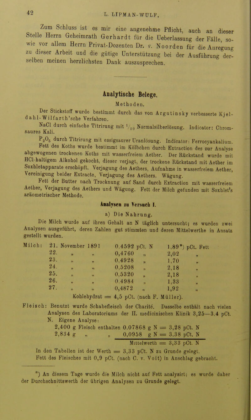 Zum Schluss ist es mir eine angenehme Pflicht, auch an dieser Melle Herrn Geheimrath Gerhardt für die Ueberlassung der Fälle so- wie vor allem Herrn Privat-Dozenten Dr. v. Noorden für die Anregung zu dieser Arbeit und die gütige Unterstützung bei der Ausführung der- selben meinen herzlichsten Dank auszusprechen. Analytische Belege. Methoden. Der Stickstoff wurde bestimmt durch das von Argutinsky verbesserte Kiel- dahl-Wilfarth'sche Verfahren. NaCl durch einfache Titrirung mit V,o Normalsilberlösung. Indicator: Chrom- saures Kali. PgOg durch Titrirung mit essigsaurer üranlösung. Indicator: Ferrocyankalium. Fett des Koths wurde bestimmt im Kölbchen durch Extraction des zur Analyse abgewogenen trockenen Koths mit wasserfreiem Aether. Der Rückstand wurde mit HCl-haltigem Alkohol gekocht, dieser verjagt, der trockene Rückstand mit Aether im Soxhletapparate erschöpft. Verjagung des Aethers, Aufnahme in wasserfreiem Aether, Vereinigung beider Extracte, Verjagung des Aethers. Wägung. Fett der Butter nach Trocknung auf Sand durch Extraction mit wasserfreiem Aether, Verjagung des Aethers und Wägung. Fett der Milch gefunden mit Soxhlet's aräometrischer Methode. ADalysen zu Versuch I. a) Die Nahrung. Die Milch wurde auf ihren Gehalt an N täglich untersucht; es wurden zwei Analysen ausgeführt, deren Zahlen gut stimmten und deren Mittelwerthe in Ansatz gestellt wurden. Milch: 21. November 1891 0.4592 pCt. N 1.89*) pCt. Fett 22. „ „ 0,4760 „ 2,02 23. „ „ 0,4928 „ 1,70 24. „ „ 0,5208 „ 2,18 25. „ „ 0,5320 „ 2,18 26. „ „ 0.4984 „ 1,33 27. „ „ 0,4872 „ 1,92 Kohlehydrat = 4,5 pCt. (nach P. Müller). Fleisch: Benutzt wurde Schabefleisch der Charite. Dasselbe enthält nach vielen Analysen des Laboratoriums der II. medicinischen Klinik 3,25—3.4 pCt. N. Eigene Analyse: 2,400 g Fleisch enthalten 0,07868 g N = 3,28 pCt. N 2,834 g „ „ 0,0958 g N = 3.38 pCt. N Mittelwerth = 3,33 pCt. N In den Tabellen ist der Werth = 3,33 pCt. N zu Grunde gelegt. Fett des Fleisches mit 0,9 pCt. (nach C. v. Voit) in Anschlag gebracht. *) An diesem Tage wurde die Milch nicht auf Fett analysirt; es wurde daher der Durchschnittswerth der übrigen Analysen zu Grunde gelegt.