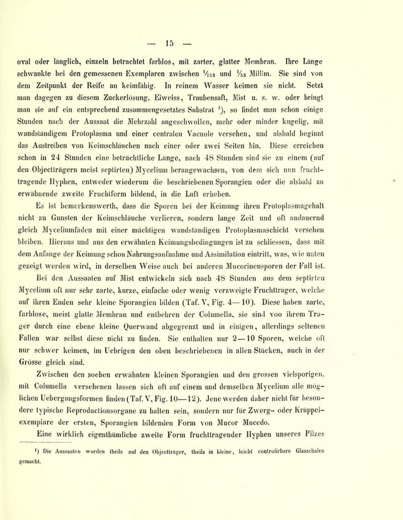 oval oder länglich, einzeln betrachtet farblos, mit zarter, glatter Membran. Ihre Länge schwankte bei den gemessenen Exemplaren zwischen V153 und V53 Millim. Sie sind von dem Zeitpunkt der Reife an keimfähig. In reinem Wasser keimen sie nicht. Setzt man dagegen zu diesem Zuckerlösung, Eiweiss, Traubensaft, Mist u. s. w. oder bringt man sie auf ein entsprechend zusammengesetztes Substrat ]), so findet man schon einige Stunden nach der Aussaat die Mehrzahl angeschwollen, mehr oder minder kugelig, mit wandstandigem Protoplasma und einer centralen Vacuole versehen, und alsbald beginnt das Austreiben von Keimschläuchen nach einer oder zwei Seiten hin. Diese erreichen schon in 24 Stunden eine beträchtliche Länge, nach 48 Stunden sind sie zu einem (auf den Objectträgern meist septirten) Mycelium herangewachsen, von dem sich nun frucht- tragende Hyphen, entweder wiederum die beschriebenen Sporangien oder die alsbald zu erwähnende zweite Fruchtform bildend, in die Luft erheben. Es ist bemerkenswert!], dass die Sporen bei der Keimung ihren Protoplasmagehalt nicht zu Gunsten der Keimschläuche verlieren, sondern lange Zeit und oft andauernd gleich Myceliumfäden mit einer mächtigen wandständigen Protoplasmaschicht versehen bleiben. Hieraus und aus den erwähnten Keimungsbedingungen ist zu schliessen, dass mit dem Anfange der Keimung schon Nahrungsaufnahme und Assimilation eintritt, was, wie unten gezeigt werden wird, in derselben Weise auch bei anderen Mucorinensporen der Fall ist. Bei den Aussaaten auf Mist entwickeln sich nach 48 Stunden aus dem septirten Mycelium oft nur sehr zarte, kurze, einfache oder wenig verzweigte Fruchtträger, welche auf ihren Enden sehr kleine Sporangien bilden (Taf. V, Fig. 4—10). Diese haben zarte, farblose, meist glatte Membran und entbehren der Columella, sie sind voo ihrem Tra- ger durch eine ebene kleine Querwand abgegrenzt und in einigen, allerdings seltenen Fällen war selbst diese nicht zu finden. Sie enthalten nur 2—10 Sporen, welche oft nur schwer keimen, im Uebrigen den oben beschriebenen in allen Stücken, auch in der Grösse gleich sind. Zwischen den soeben erwähnten kleinen Sporangien und den grossen vielsporigen„ mit Columella versehenen lassen sich oft auf einem und demselben Mycelium alle mög- lichen Uebergangsformen finden (Taf. V, Fig. 10—12). Jene werden daher nicht für beson- dere typische Reproductionsorgane zu halten sein, sondern nur für Zwerg- oder Krüppei- exemplare der ersten, Sporangien bildenden Form von Mucor Mucedo. Eine wirklich eigenthümliche zweite Form fruchttragender Hyphen unseres Pilzes ') Die Aussaaten wurden theils auf den Objectträger, theils in kleine, leicht controlirbare Glasschalen gemacht.