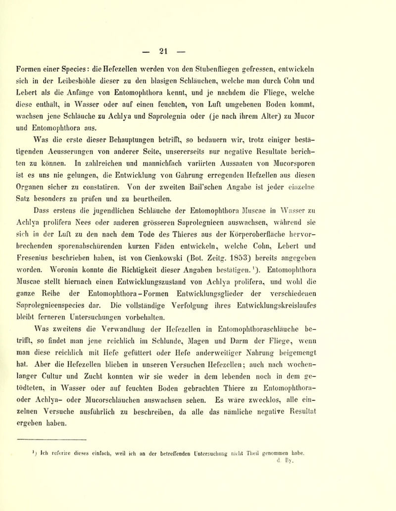Formen einer Species: die Hefezellen werden von den Stubenfliegen gefressen, entwickeln sich in der Leibeshöhle dieser zu den blasigen Schlauchen, welche man durch Cohn und Lebert als die Anfange von Entomophthora kennt, und je nachdem die Fliege, welche diese enthalt, in Wasser oder auf einen feuchten, von Luft umgebenen Boden kommt, wachsen jene Schlauche zu Achlya und Saprolegnia oder (je nach ihrem Alter) zu Mucor und Entomophthora aus. Was die erste dieser Behauptungen betrifft, so bedauern wir, trotz einiger bestä- tigenden Aeussernngen von anderer Seite, unsererseits nur negative Resultate berich- ten zu können. In zahlreichen und mannichfach variirten Aussaaten von Mucorsporen ist es uns nie gelungen, die Entwicklung von Gährung erregenden Hefzellen aus diesen Organen sicher zu constatiren. Von der zweiten Bail'schen Angabe ist jeder einzelne Satz besonders zu prüfen und zu beurtheilen. Dass erstens die jugendlichen Schläuche der Entomophthora Muscae in Wasser zu Achlya prolifera Nees oder anderen grösseren Saprolegnieen auswachsen, während sie sich in der Luft zu den nach dem Tode des Thieres aus der Körperoberfläche hervor- brechenden sporenabschürenden kurzen Fäden entwickeln, welche Cohn, Lebert und Fresenius beschrieben haben, ist von Cienkowski (Bot. Zeitg. 1853) bereits angegeben worden. Woronin konnte die Richtigkeit dieser Angaben bestätigen.'). Entomophthora Muscae stellt hiernach einen Entwicklungszustand von Achlya prolifera, und wohl die ganze Reihe der Entomophthora-Formen Entwicklungsglieder der verschiedenen Saprolegnieenspecies dar. Die vollständige Verfolgung ihres Entwicklungskreislaufes bleibt ferneren Untersuchungen vorbehalten. Was zweitens die Verwandlung der Hefezellen in Entomophthoraschläuche be- trifft, so findet man jene reichlich im Schlünde, Magen und Darm der Fliege, wenn man diese reichlich mit Hefe gefüttert oder Hefe anderweitiger Nahrung beigemengt hat. Aber die Hefezellen blieben in unseren Versuchen Hefezellen; auch nach wochen- langer Cultur und Zucht konnten wir sie weder in dem lebenden noch in dem ge- tödteten, in Wasser oder auf feuchten Boden gebrachten Thiere zu Entomophthora- oder Achlya- oder Mucorschläuchen auswachsen sehen. Es wäre zwecklos, alle ein- zelnen Versuche ausführlich zu beschreiben, da alle das nämliche negative Resultat ergeben haben. ) Ich referire dieses einfach, weil ich an der betreffenden Untersuchung nicht Titeil genommen habe. d. By.